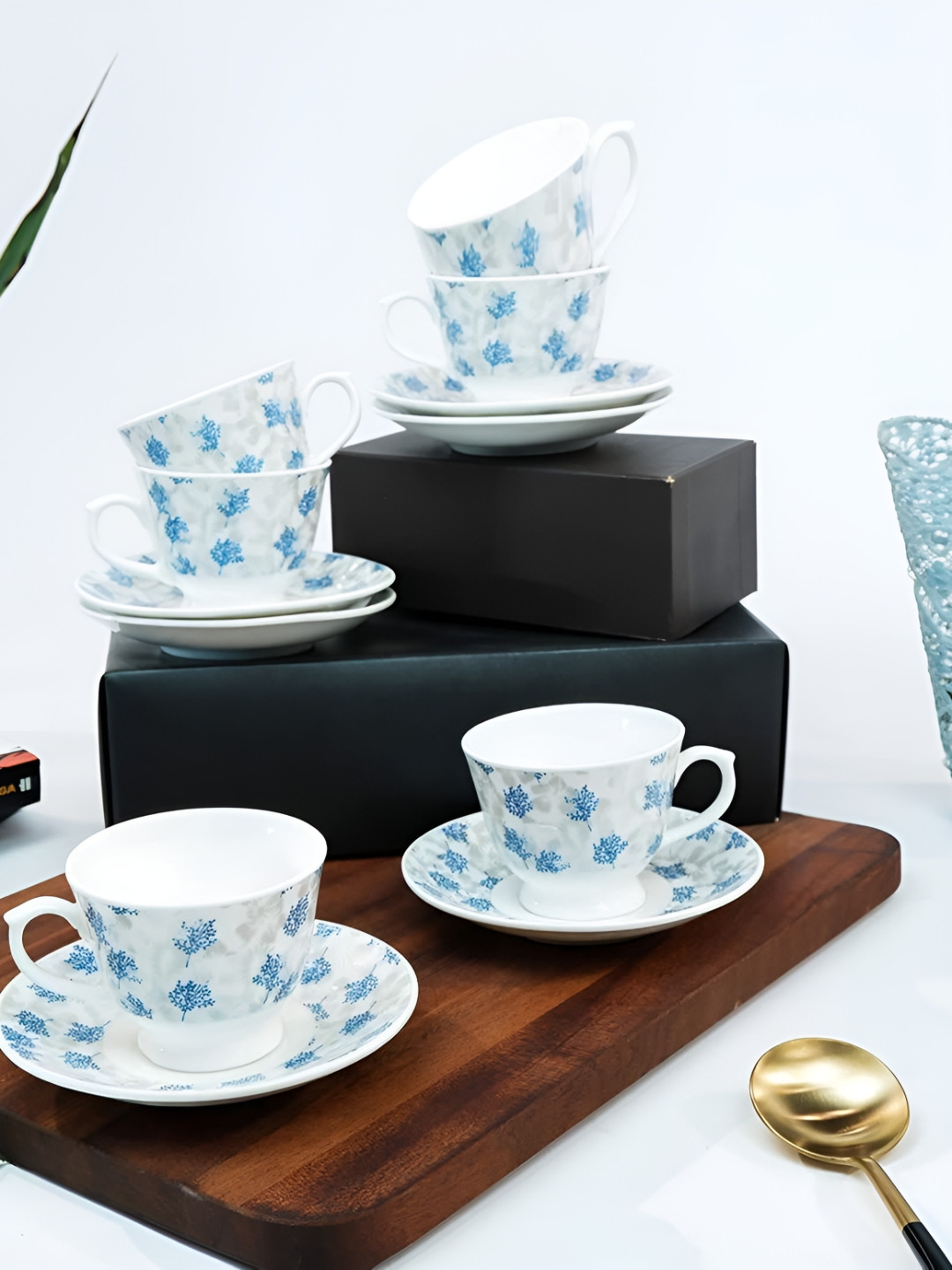 UPC Gold Line White Floral Ceramic Microwave Safe 12 Piece Cups-180ml