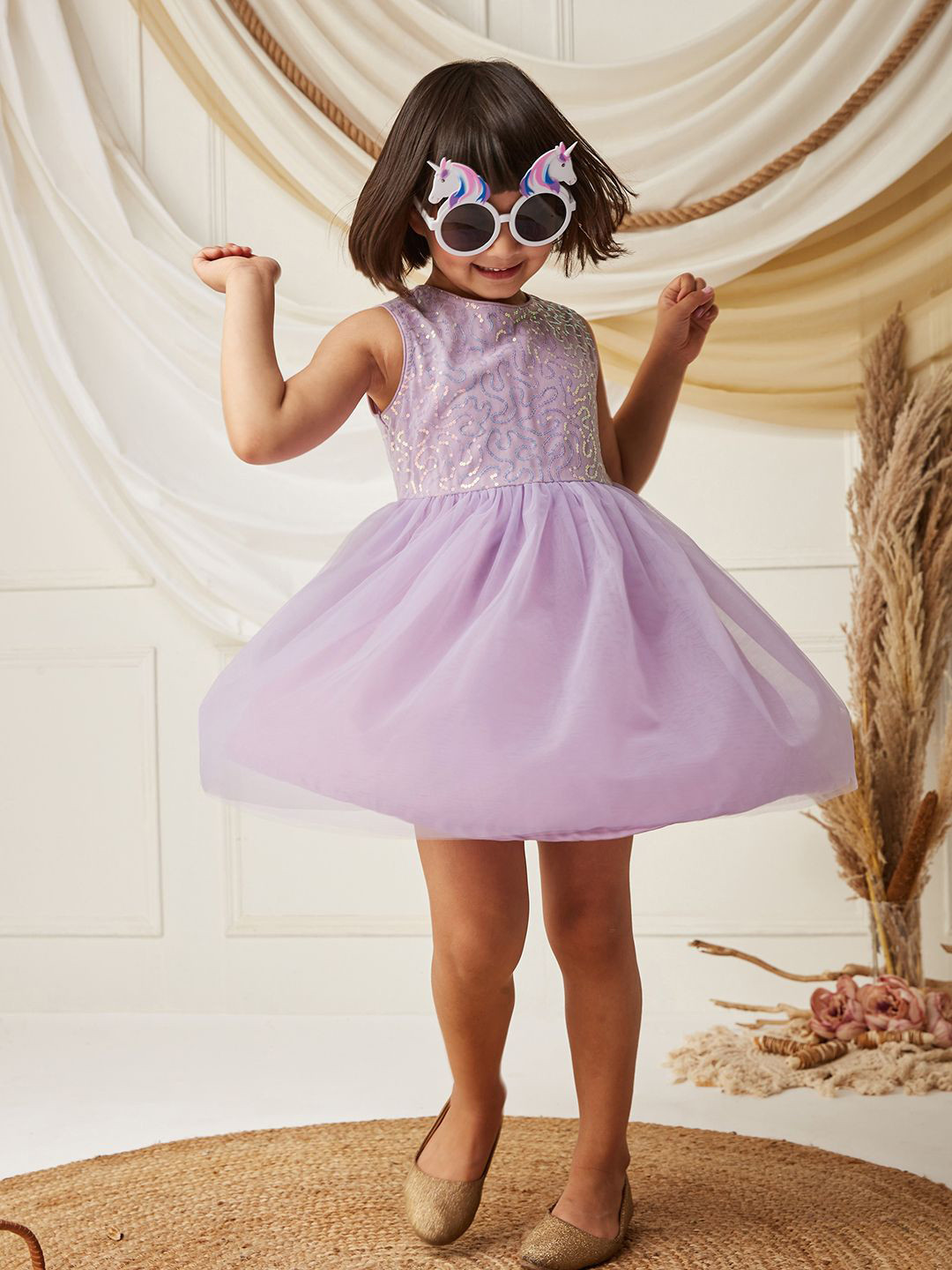 BAESD Girls Round-Neck Sleeveless Embellished Fit & Flare Knee-Long Party Dress