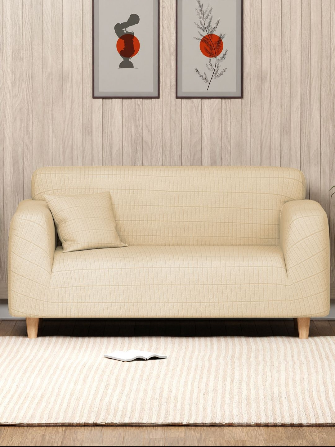 Myntra Elegant Homes Cream-Coloured Textured 2 Seater Sofa Cover With Cushion Cover