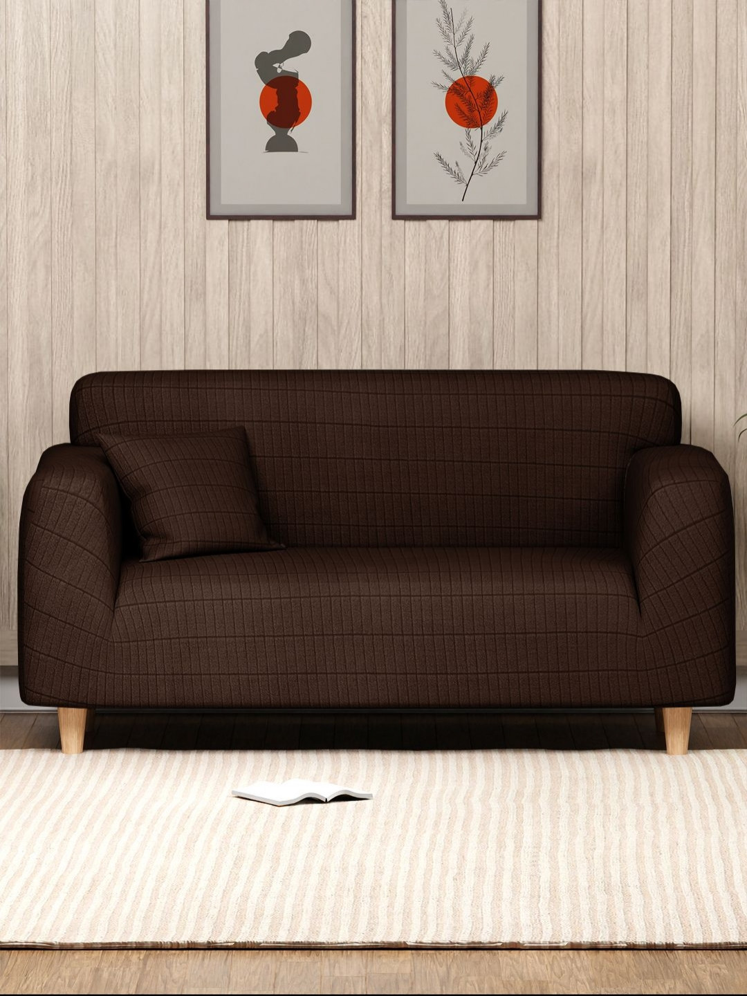 Myntra Elegant Homes Brown Textured Two Seater Sofa Cover With Cushion Cover