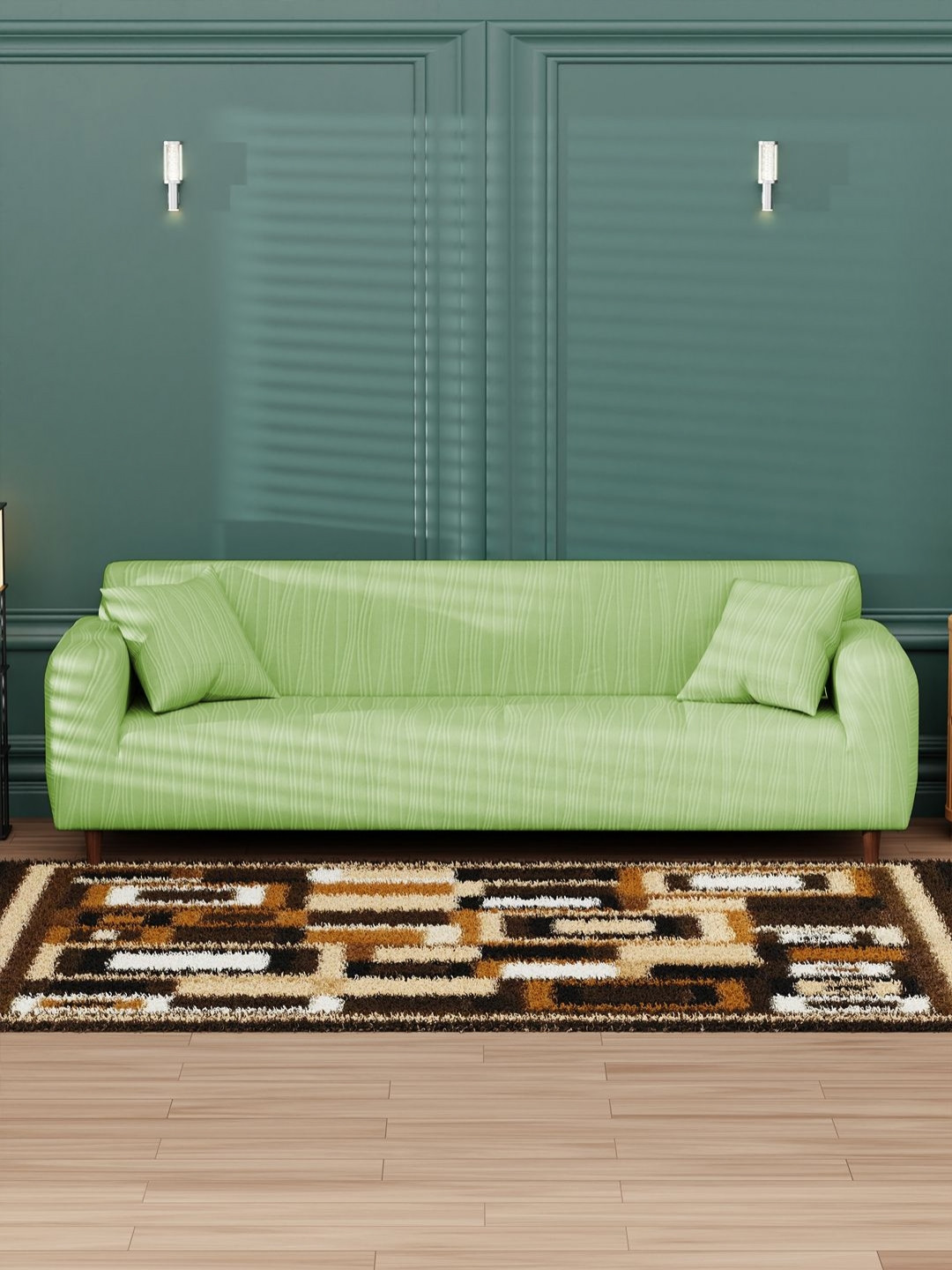 Myntra Elegant Homes Green Self Design Sofa Cover With Arms & 2 Cushion Covers