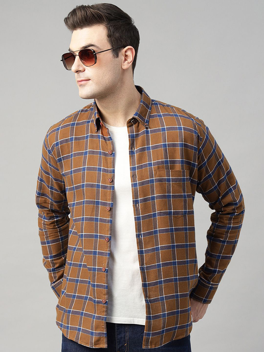 Men Standard Slim Fit Flannel Tartan Checks Opaque Pure Cotton Casual Shirt