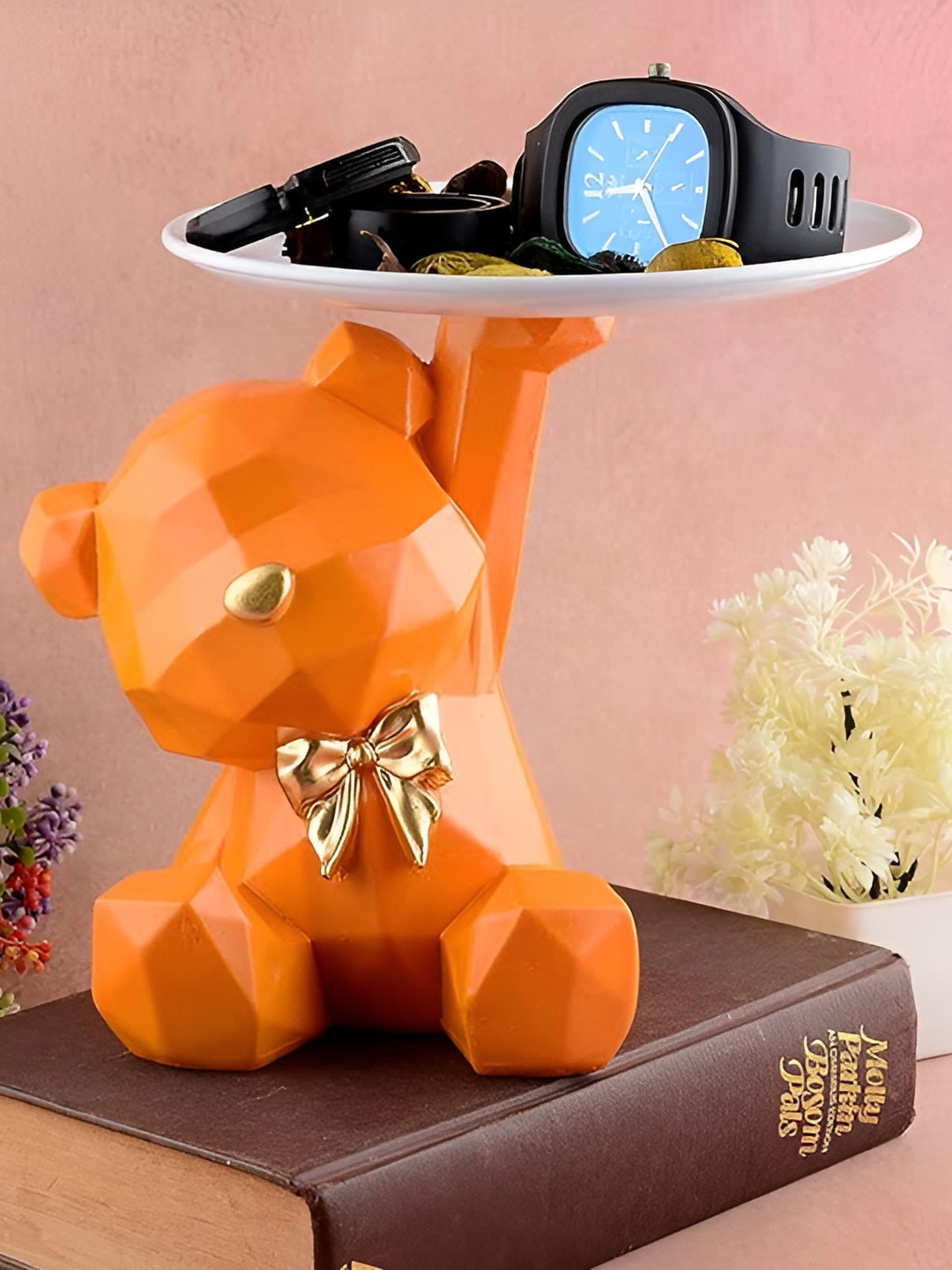 Zart Teddy Bear Orange Polyresin Glossy Living Room Medium Showpiece - 7 Inches