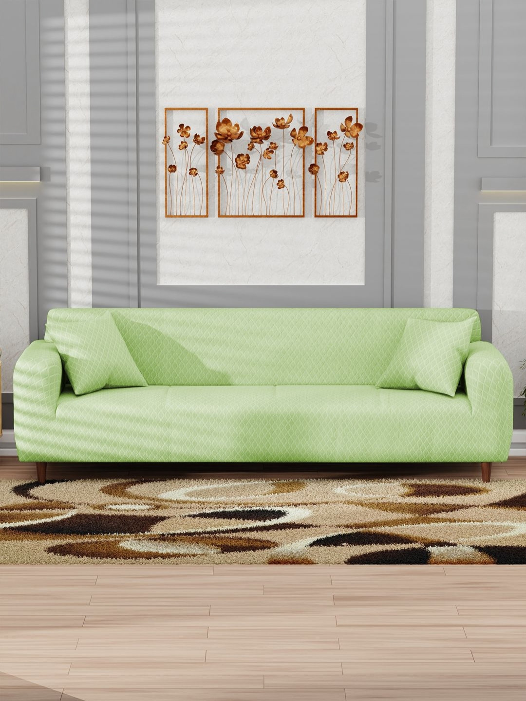 Myntra Elegant Homes Green Curved Diamond Pattern 4 Seater Sofa Cover & 2 Cushion Covers