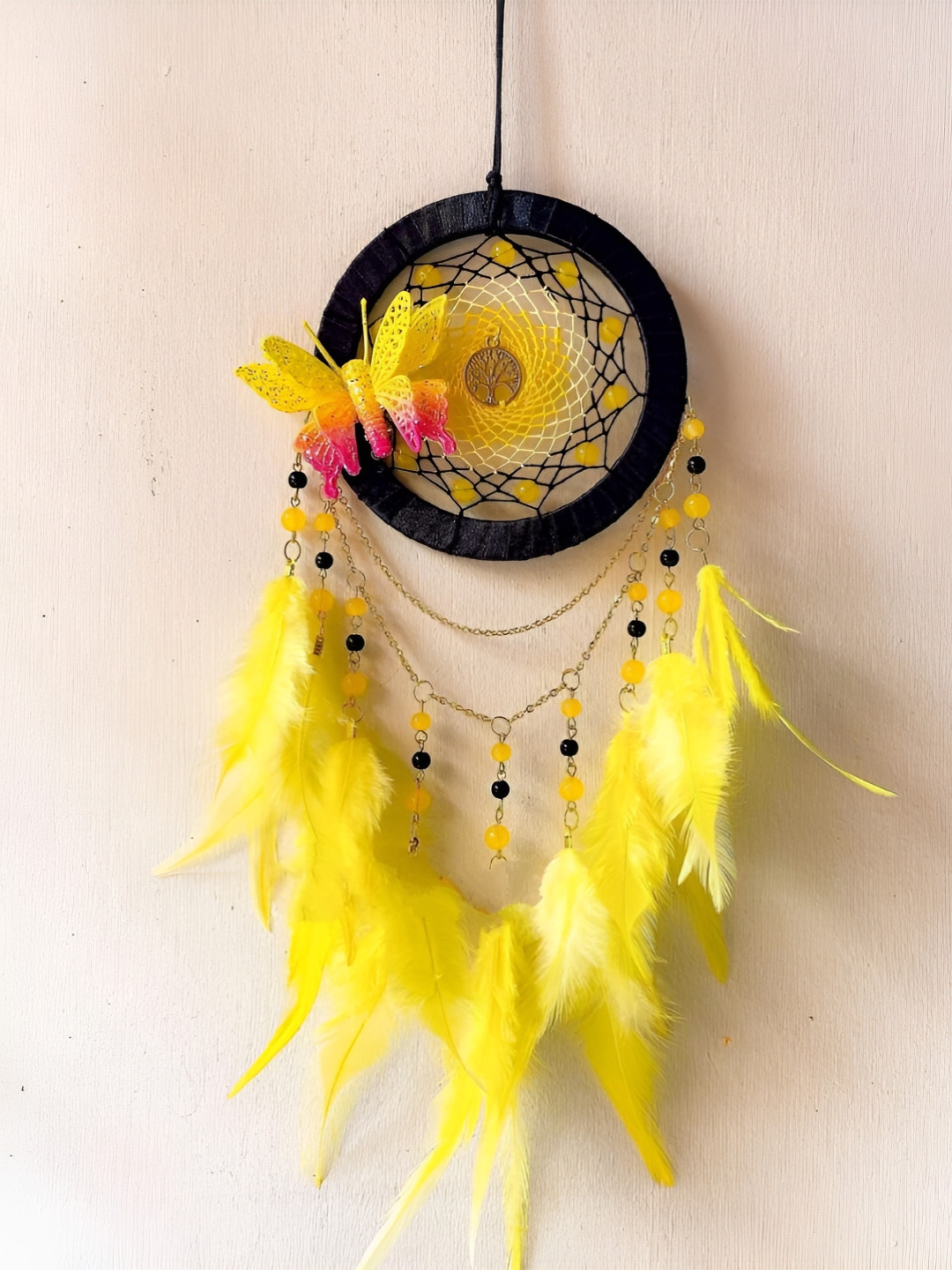 UVID ART AND CRAFT SUPPLIES Yellow & Black Feathers Hanging Dream Catcher