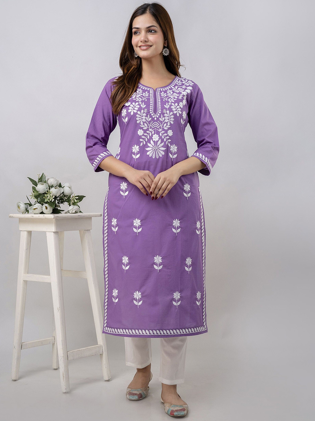 Amudee Fashion Women Embroidered Regular Chikankari Pure Cotton Kurta with Trousers
