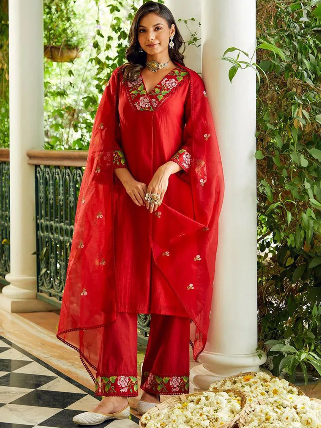Royal Export Women Embroidered Regular Chanderi Silk Kurta with Trousers & With Dupatta