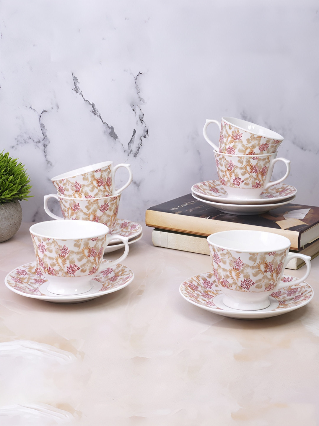 UPC White Floral Ceramic Handmade 6 Piece Cups with 6 Saucers-180ml