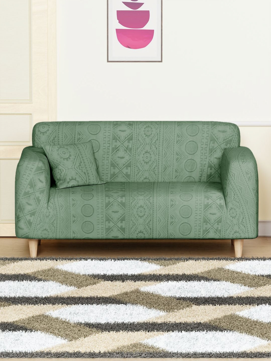 Myntra Elegant Homes Green Tribal Pattern Double Seater Sofa Cover With Cushion Cover