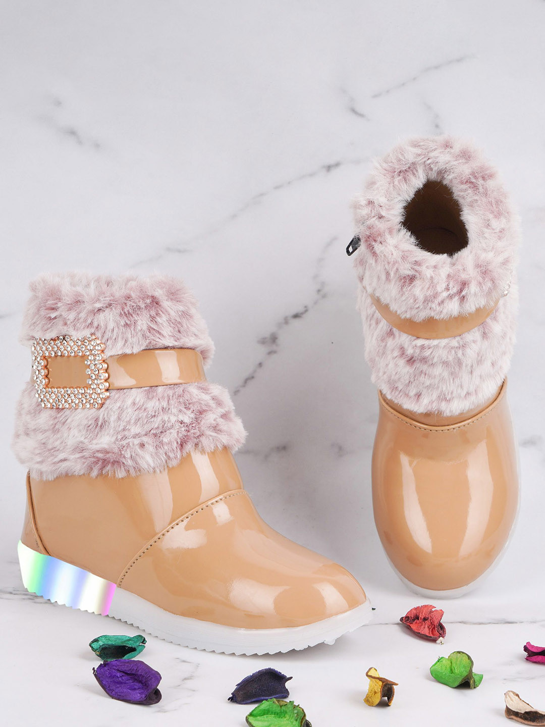 BAESD Girls Embellished Faux Fur Ankle-Length Boots