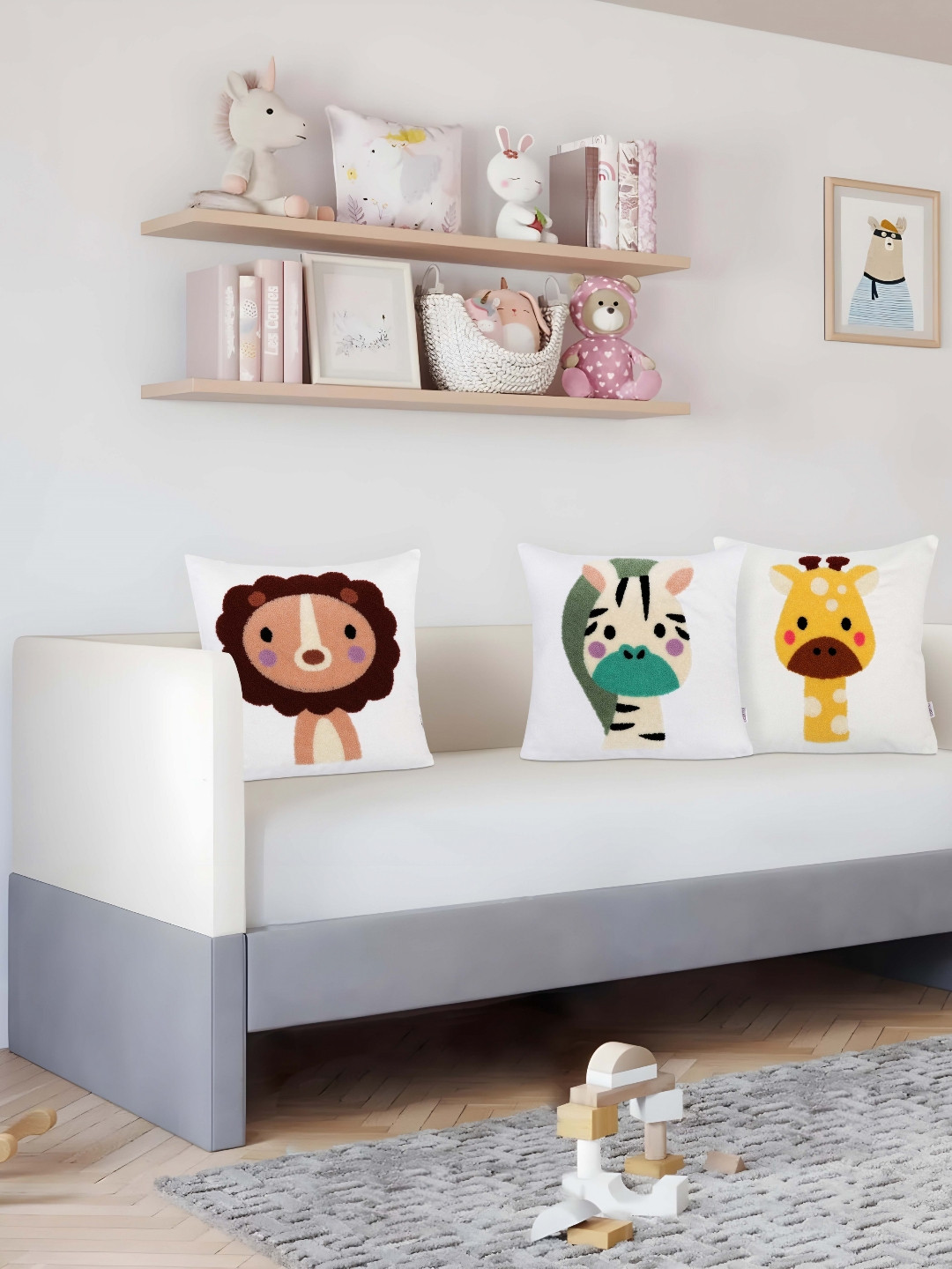 CAZIMO Embroidered White Animal Polyester Silk Washable 3 Pcs Cushion Covers -16x16In