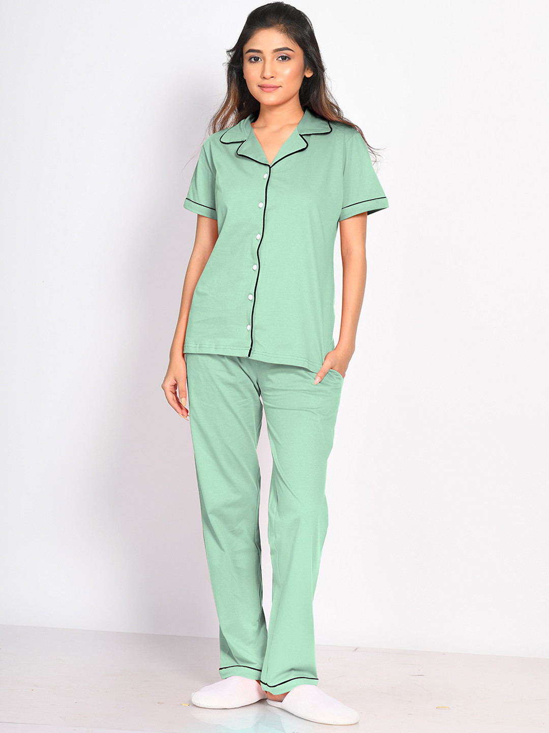 NAP STORY Sage Green Solid Half Sleeves Shirt and Pyjama Night suit