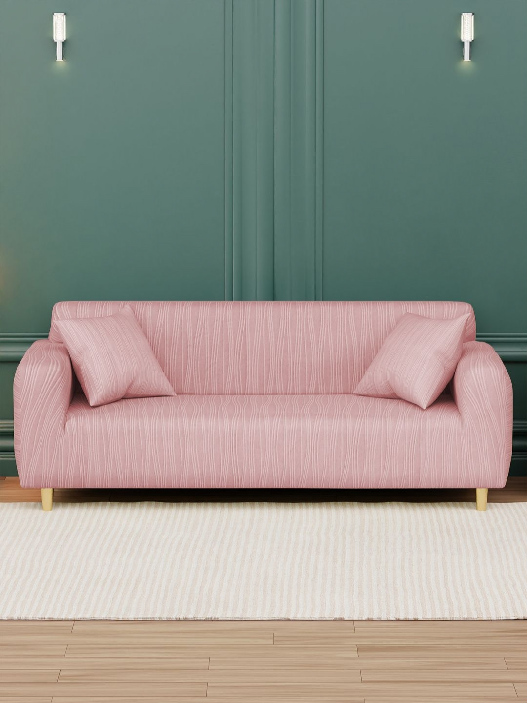 Myntra Elegant Homes Pink Wavy Stripes Three Seater Sofa Cover With 2 Cushion Covers