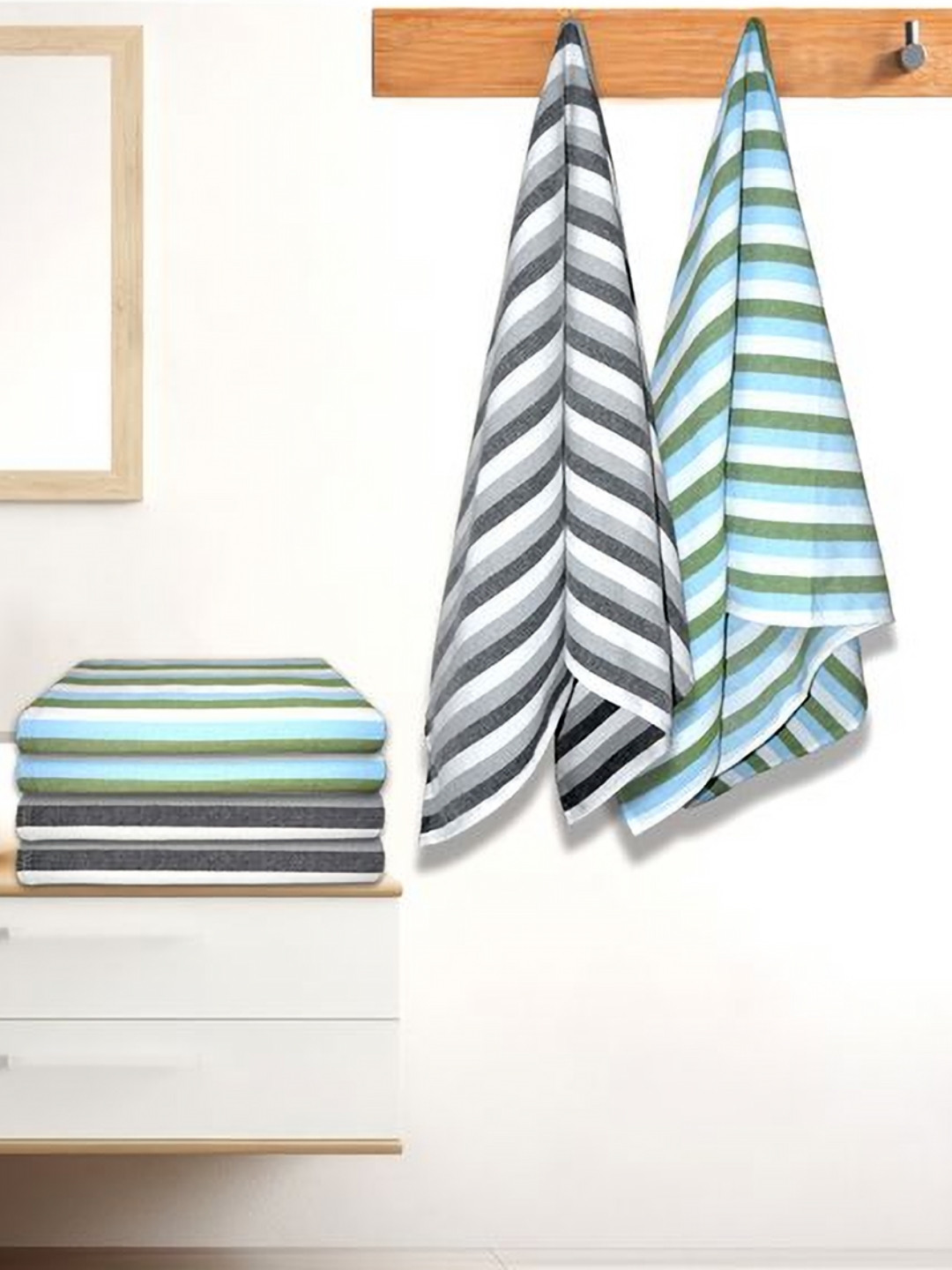 Athom Living Iris Blue & White 6 Pieces Striped Printed Cotton 210 GSM Bath Towels