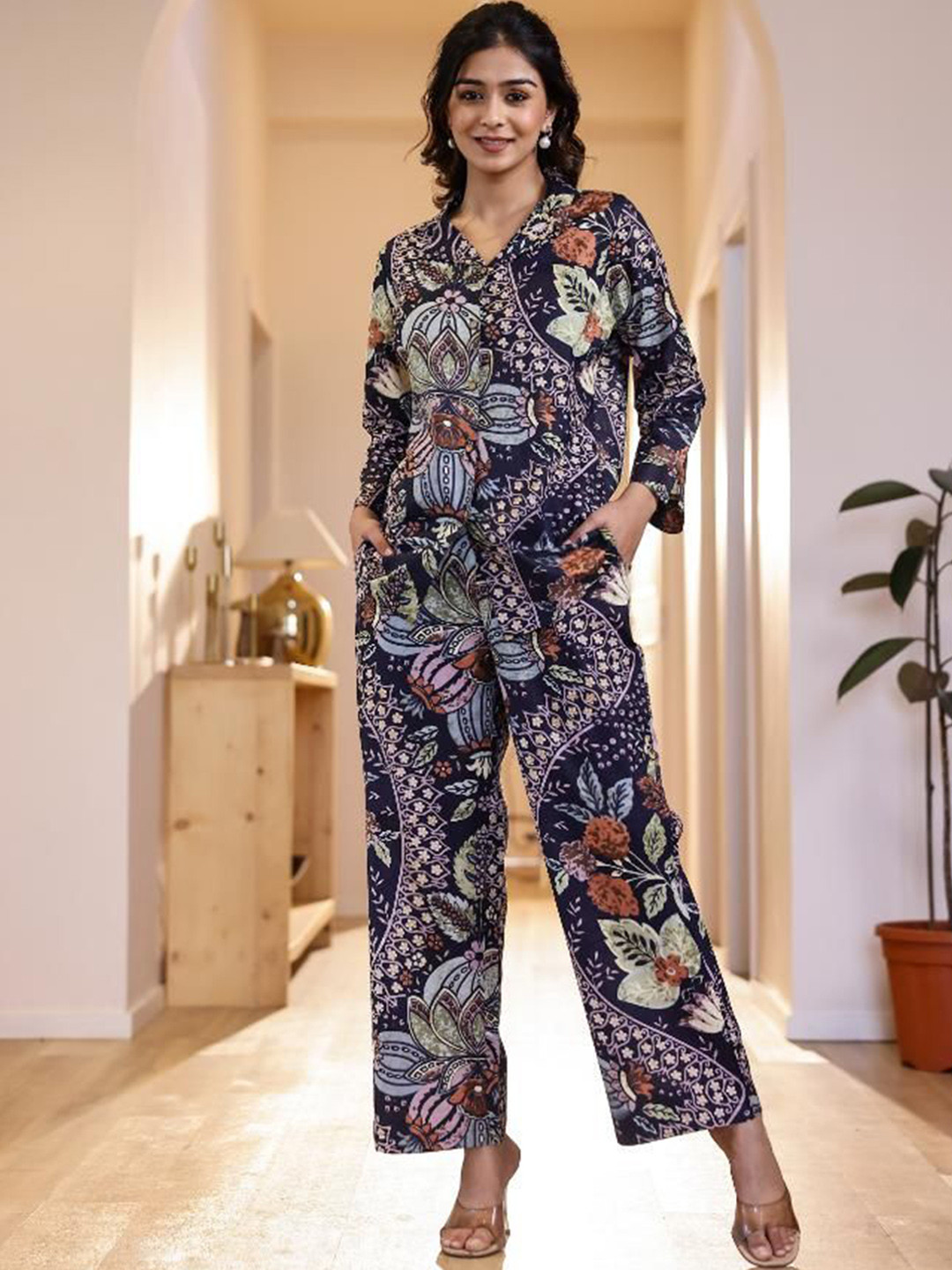 FLAVIA CREATION Printed Lapel Collar Long Sleeves Pure Cotton Shirt With Palazzo