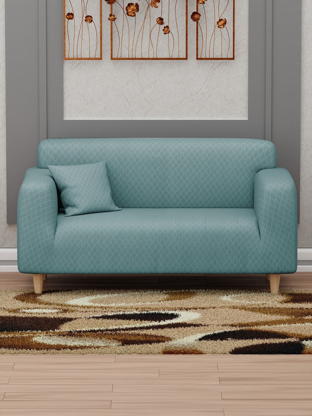 Myntra Elegant Homes Blue Curved Diamond Pattern 2 Seater Sofa Cover With Cushion Cover