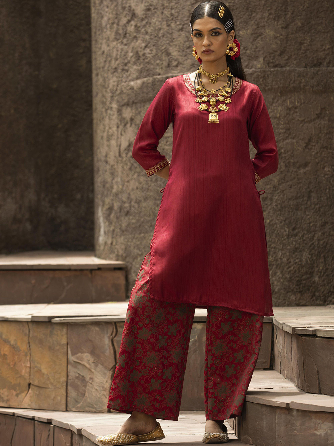 Juniper Maroon Soild Satin Kurta With Floral Pants