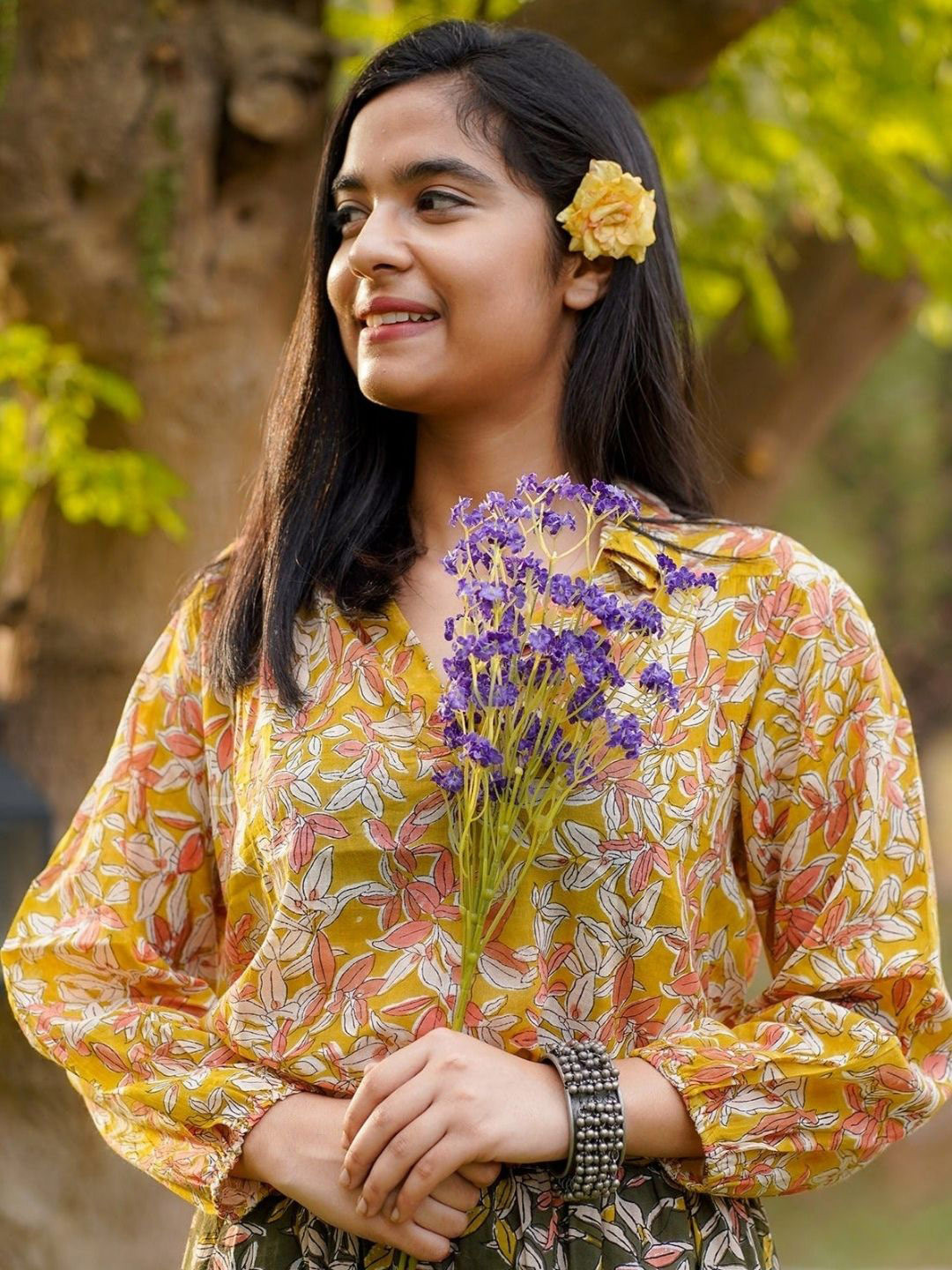 SASSY SAJJA Floral Print Mandarin Collar Cotton Top