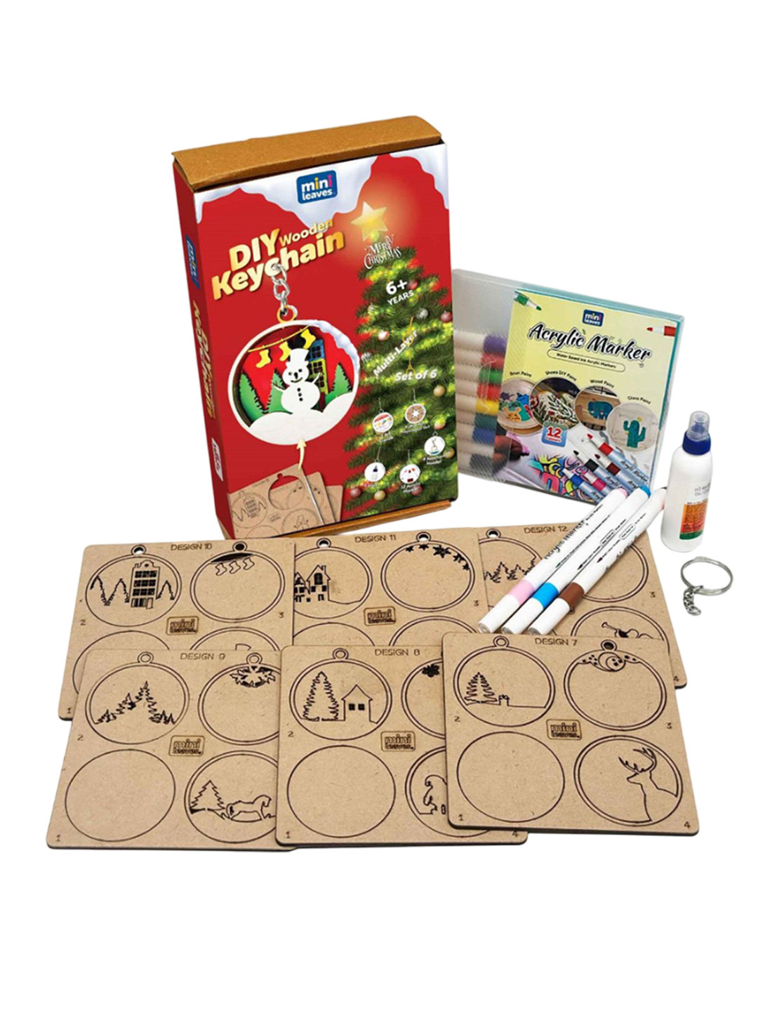 Mini Leaves Kids Set Of 6 Wooden Key Chain Kit