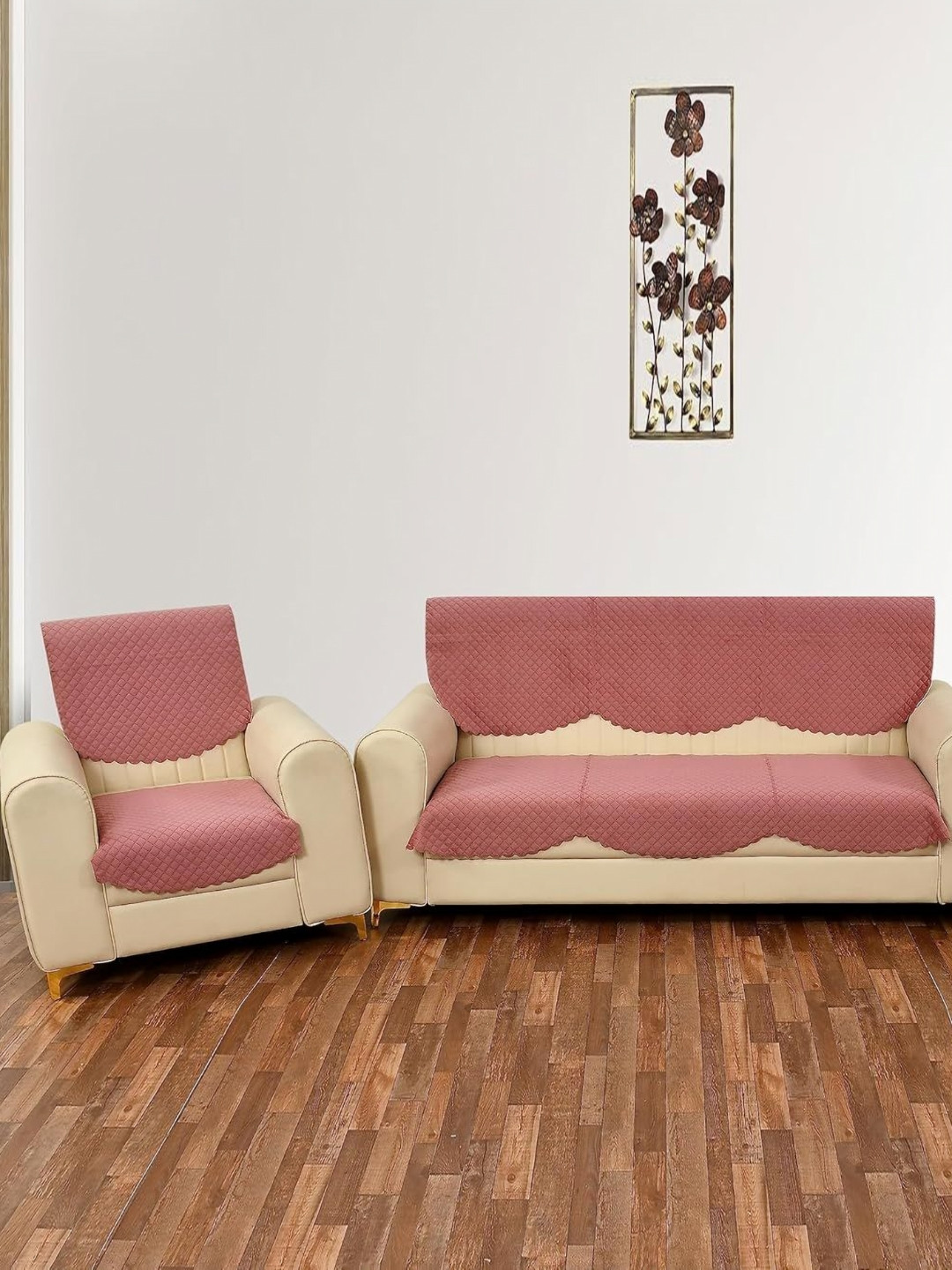 Bajo's Pink 6 Pieces Self Design Velvet 5-Seater Sofa Covers