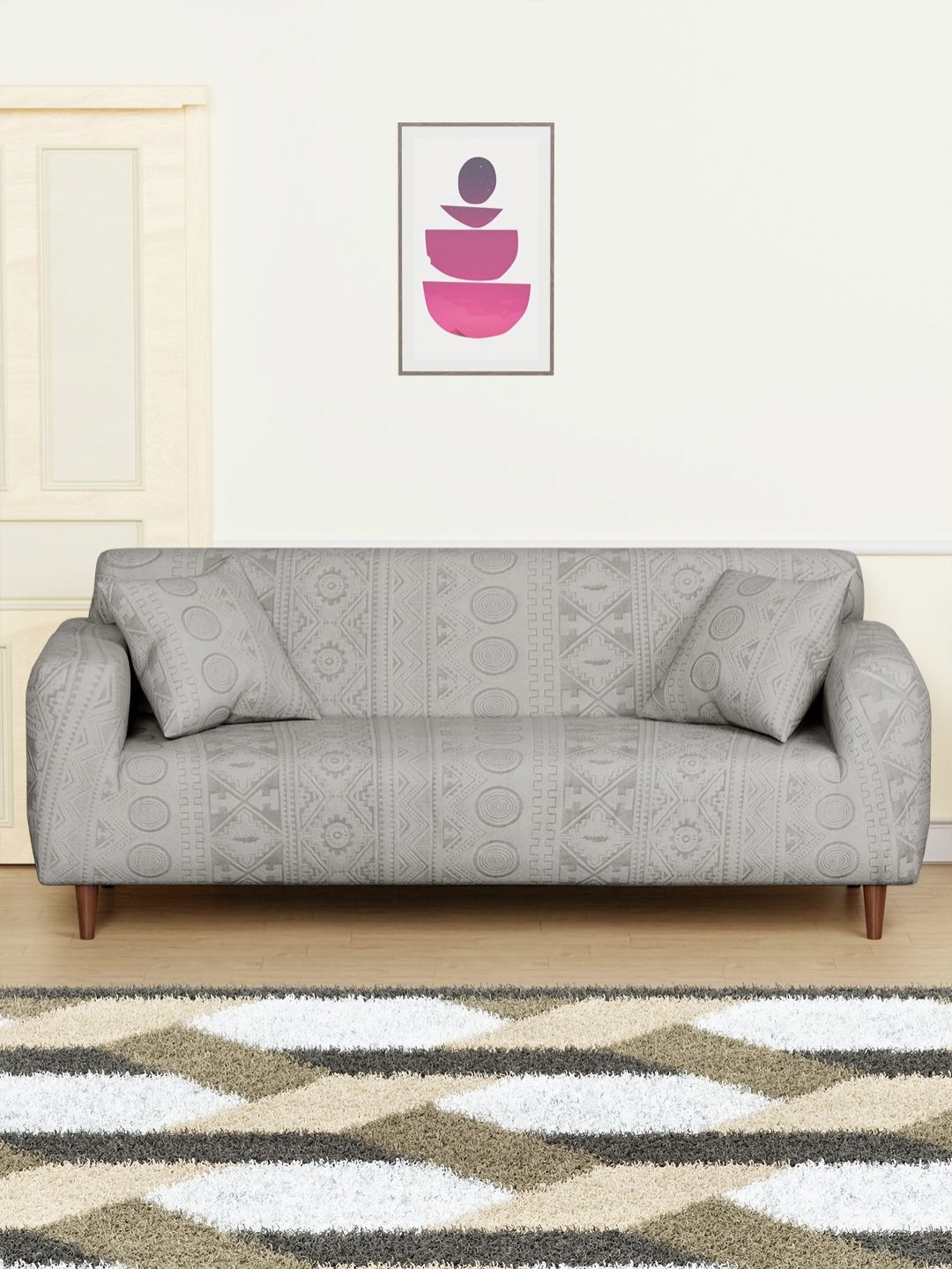 Myntra Elegant Homes Grey Self Design Sofa Cover With Arms & 2 Cushion Covers