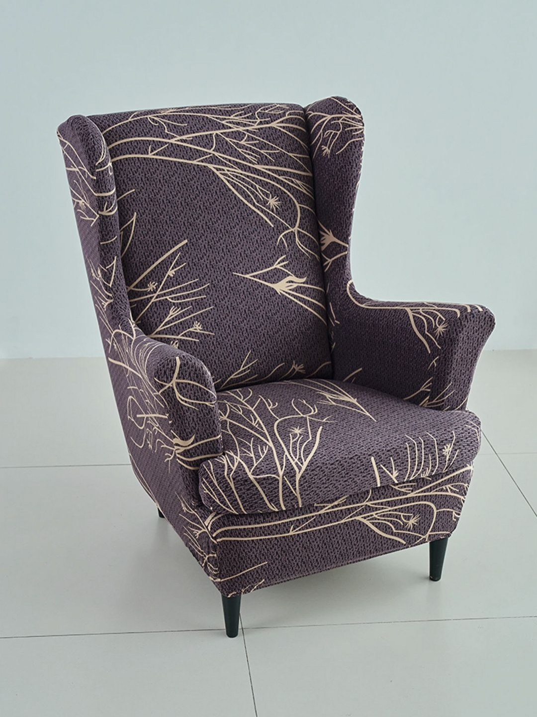 HOKIPO Coffee Brown Printed Wing Chair Cover