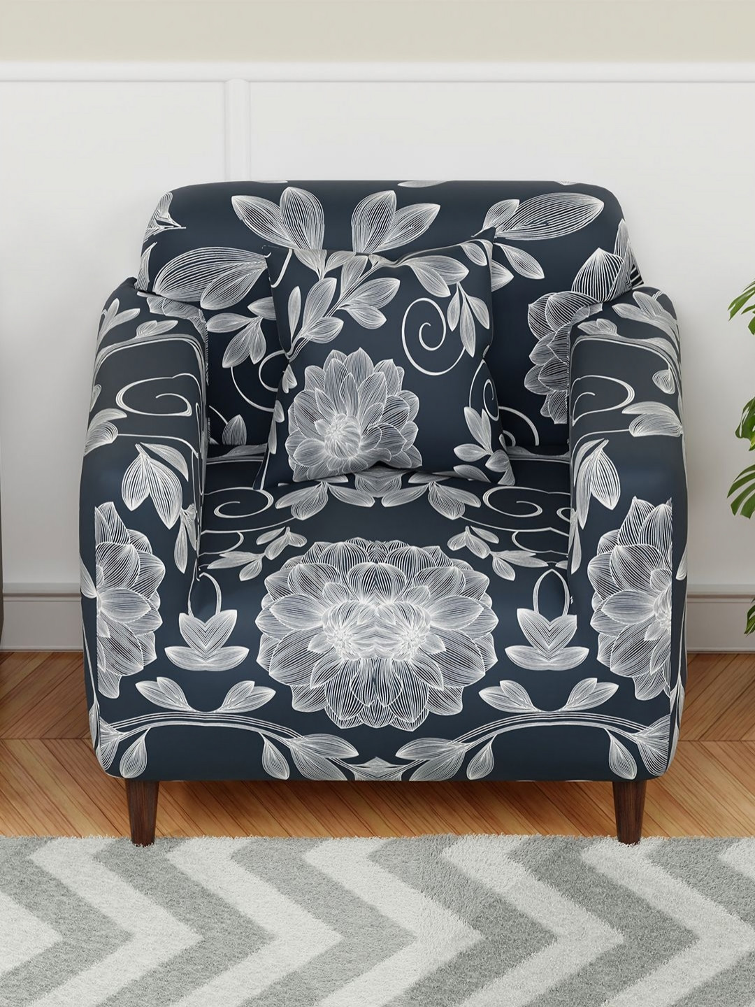 Myntra Elegant Homes Blue & White Floral Printed Single Seater Sofa Cover & Cushion Cover