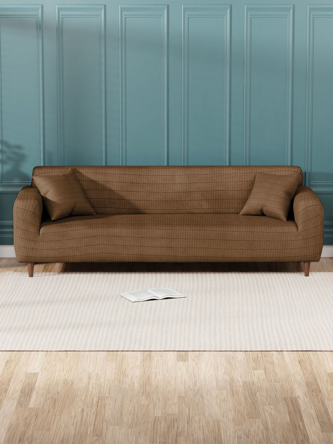 Myntra Elegant Homes Brown Checked Jacquard Sofa Cover With 2 Cushion Covers