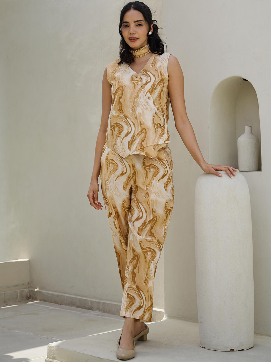FLAVIA CREATION V-Neck Printed Pure Cotton Top With Trousers