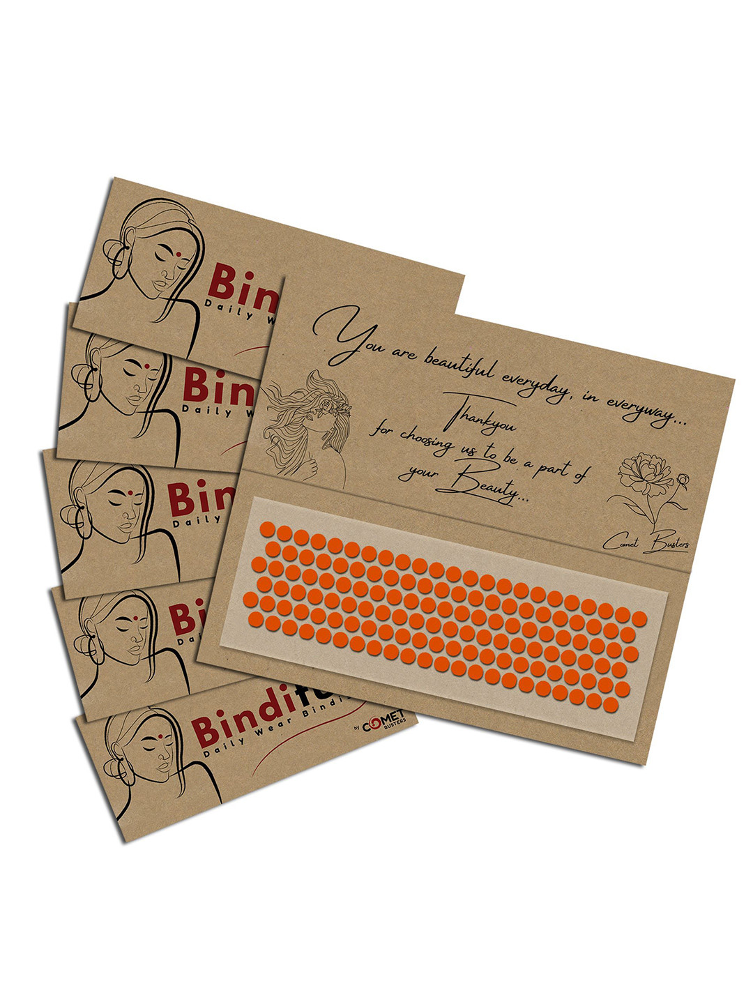 Comet Busters Set Of 5 Bindiful Beautiful Traditional Designer Bindi - Orange Colored