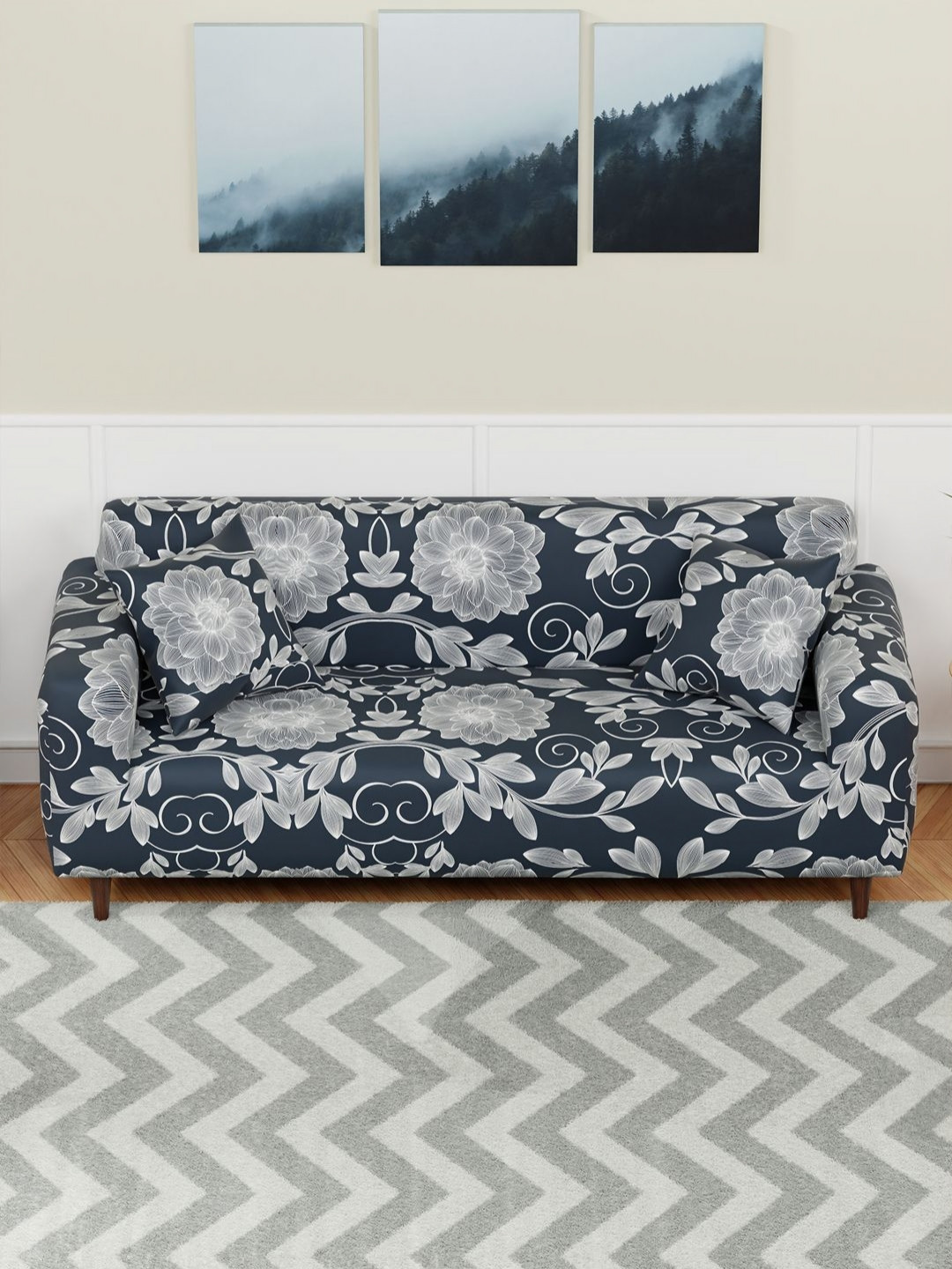 Myntra Elegant Homes Blue & White Floral Printed 3 Seater Sofa Cover With 2 Cushion Covers