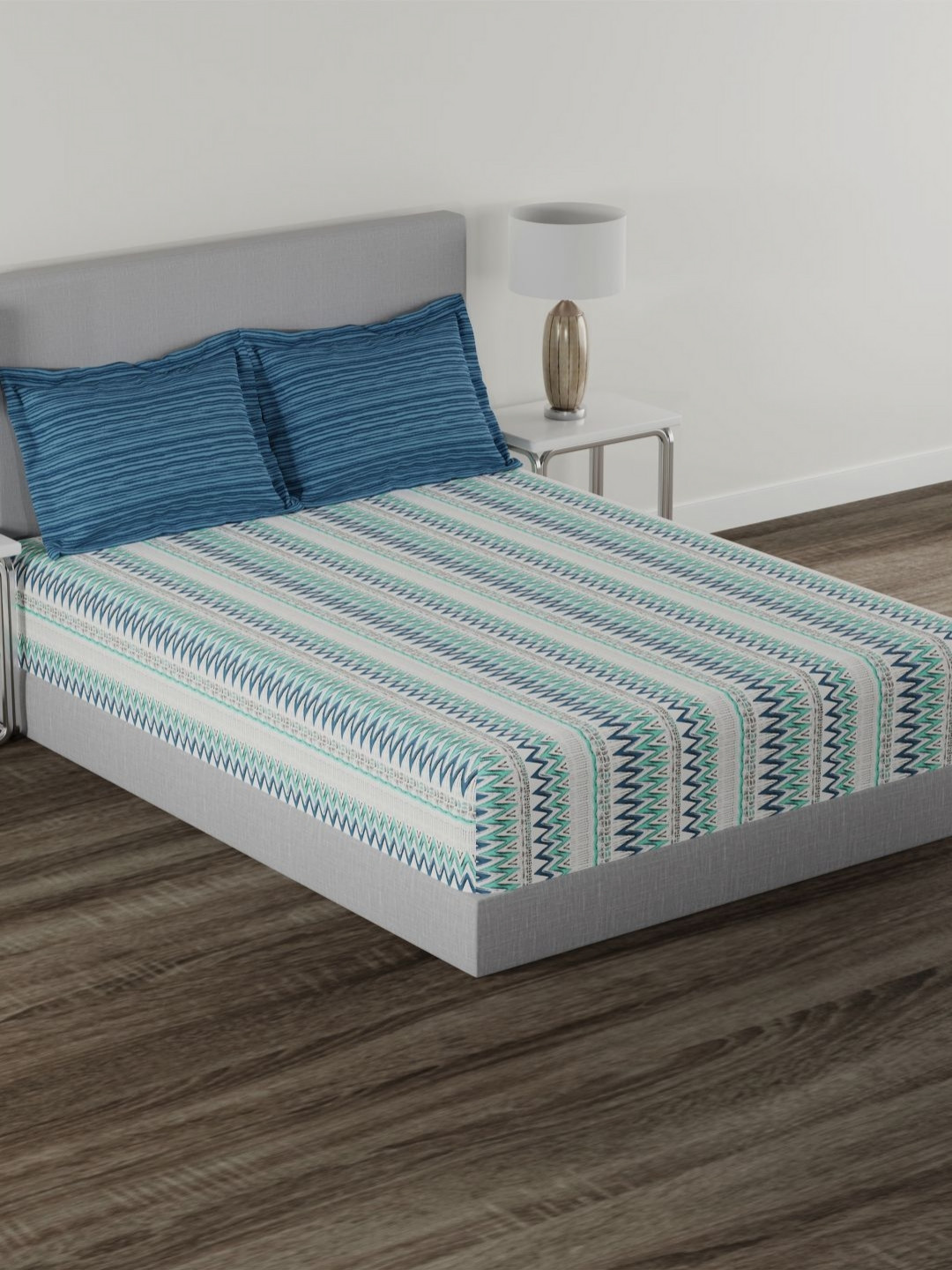 MYTRIDENT Carnival Blue Chevron Pure Cotton Feather Soft 144 TC Queen Bedsheet with 2 Pillow Covers-90 x 100 inches