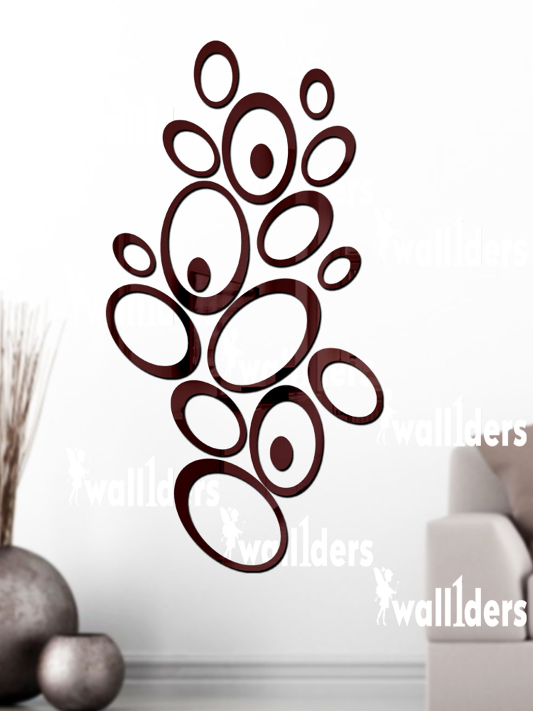 Wall1ders Brown 18 Pieces Oval ring Mirror Wall Stickers