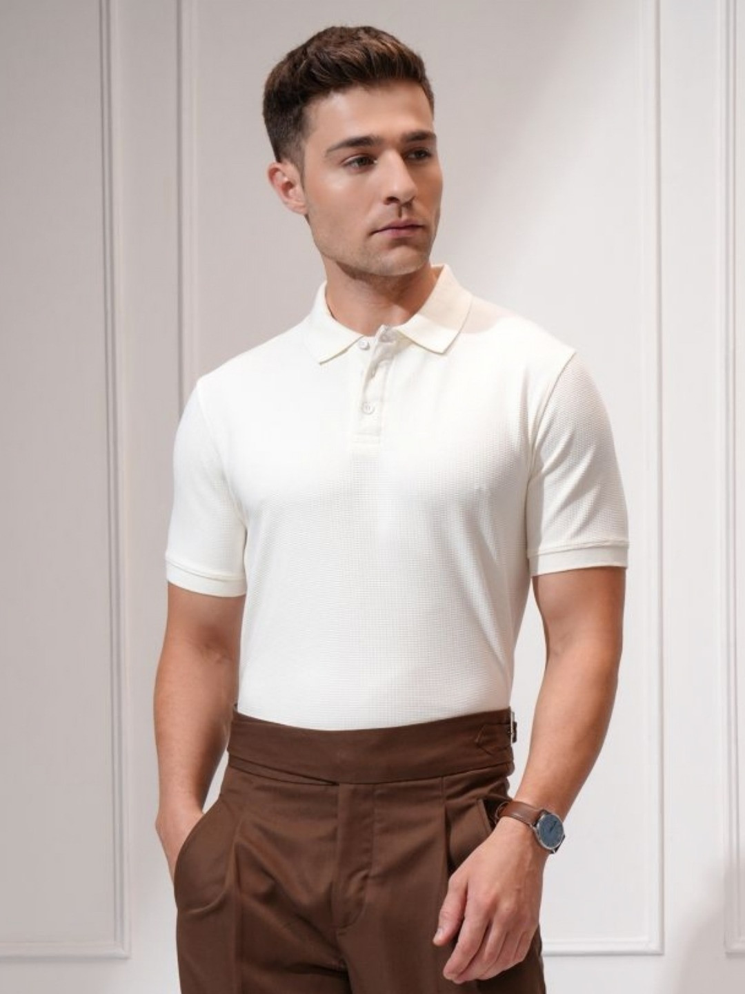 LOCOMOTIVE Premium Men Cream Knitted Textured Polo Collar Slim Fit Tshirt