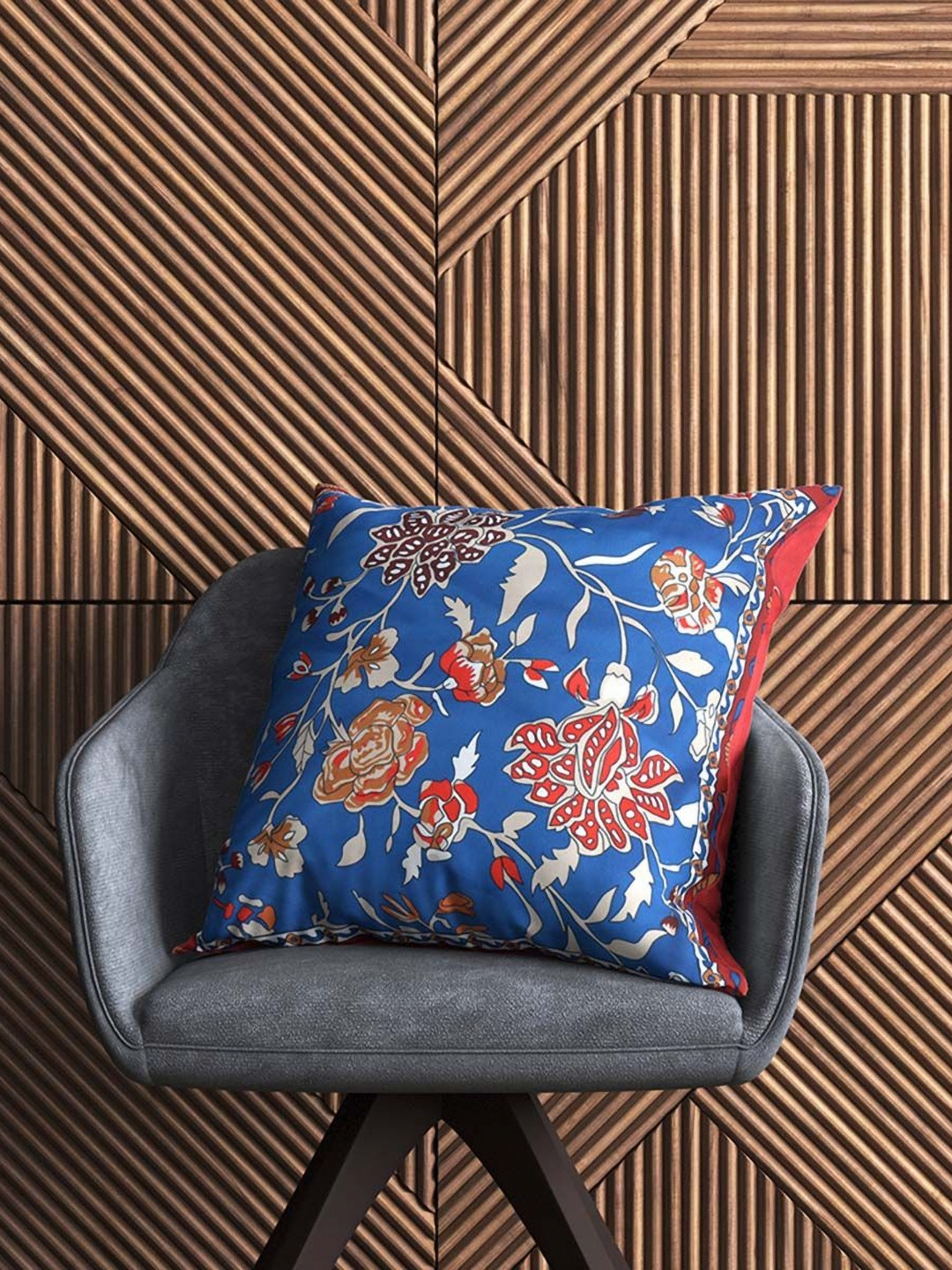 AAZEEM Blue & Red Floral Velvet Square Cushion Covers