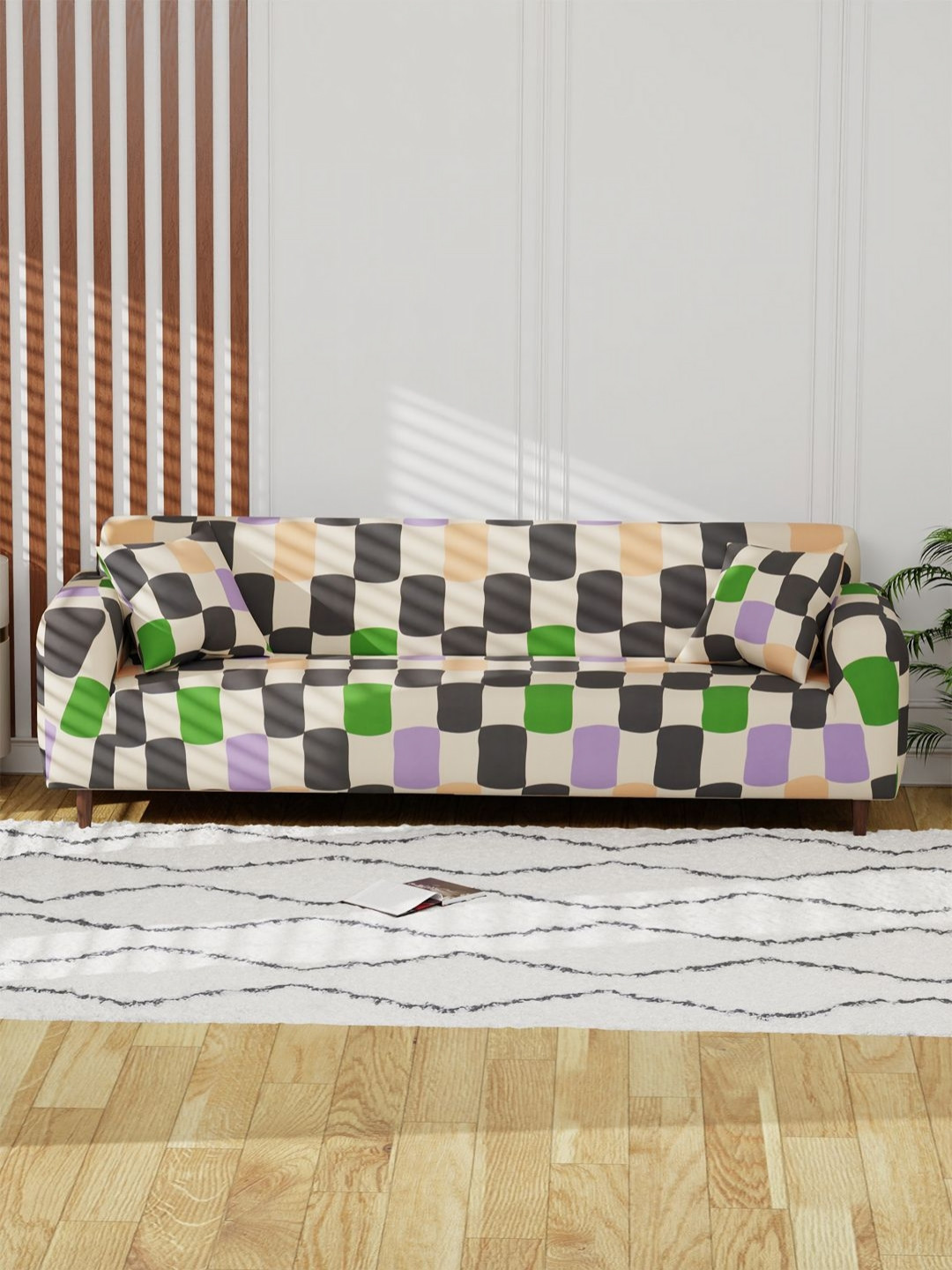 Myntra Elegant Homes Cream-Coloured Checked 4 Seater Sofa Cover With 2 Cushion Covers