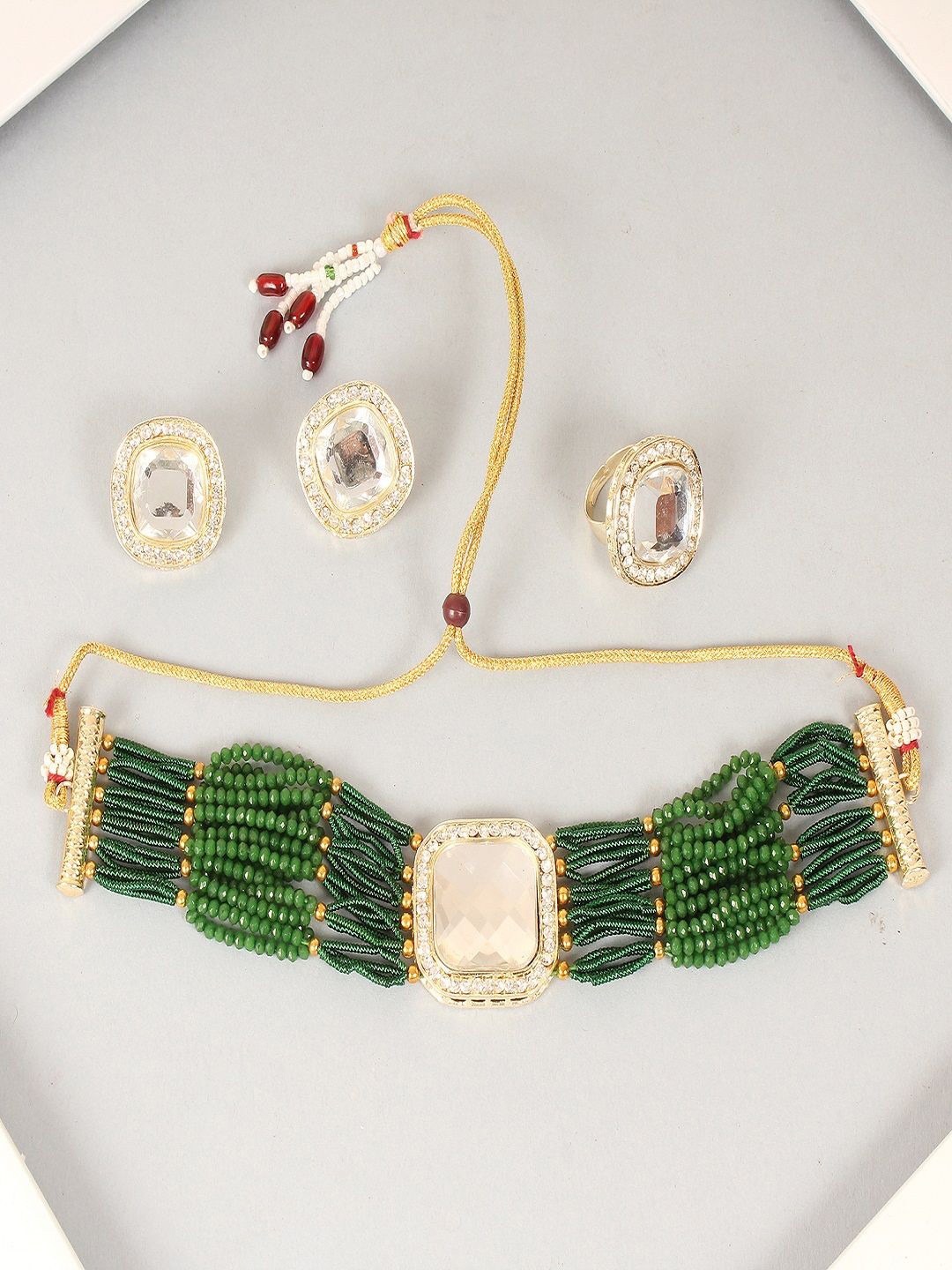 Divisha Gold-Plated Stone Studded & Beaded Jewellery Set