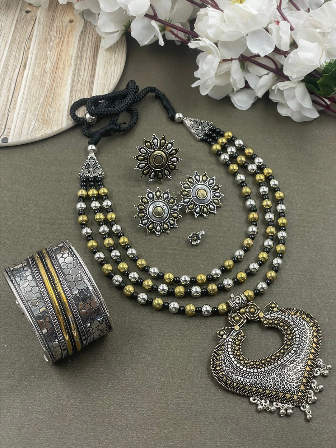 NAMAN ARTS Rohini 3 Line Dual Tone Silver-Plated Oxidised Necklace Jewellery Set