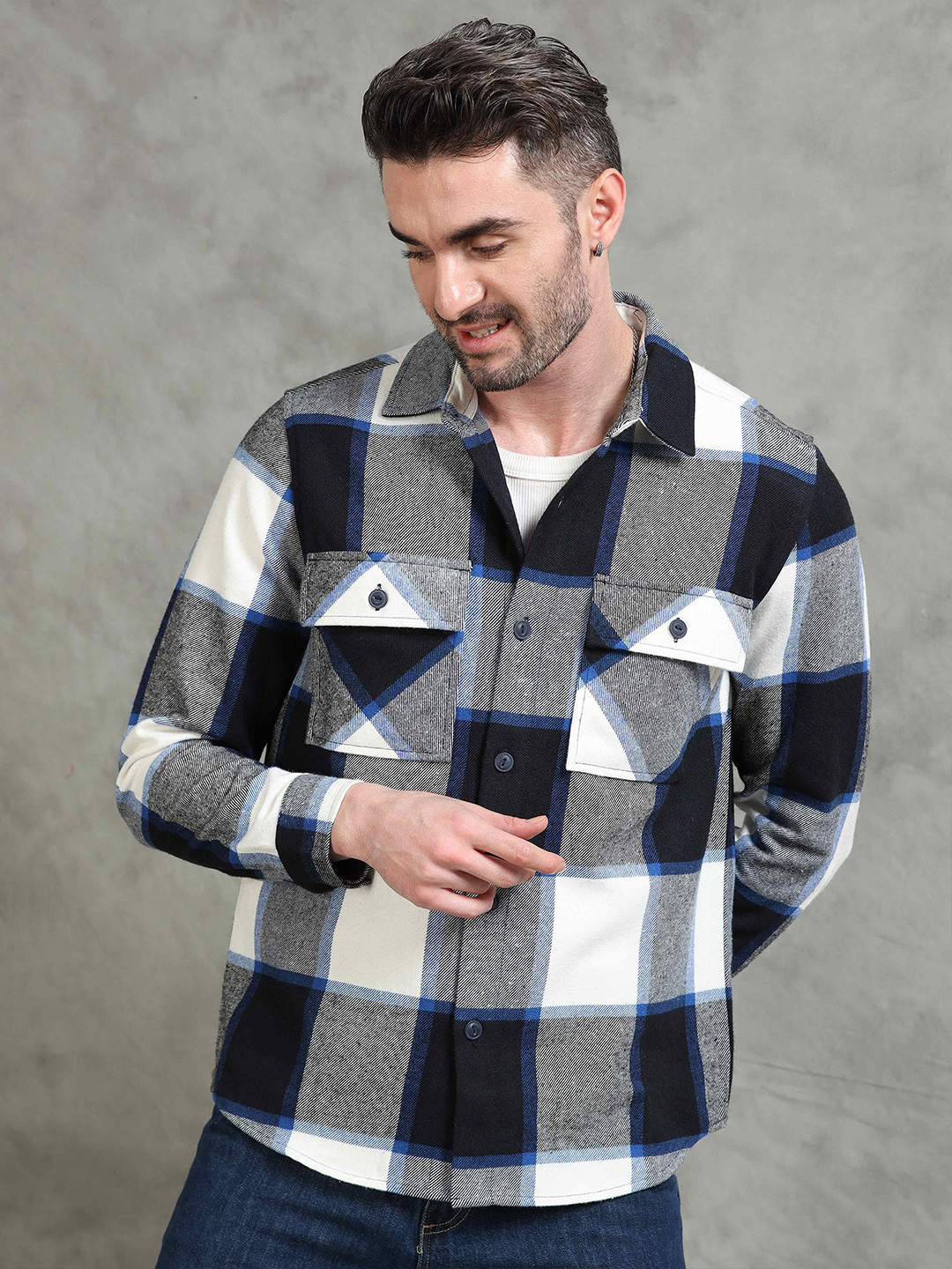 StitchX Men Full Sleeve Brushed Cotton Checkered Smart Collar Shacket