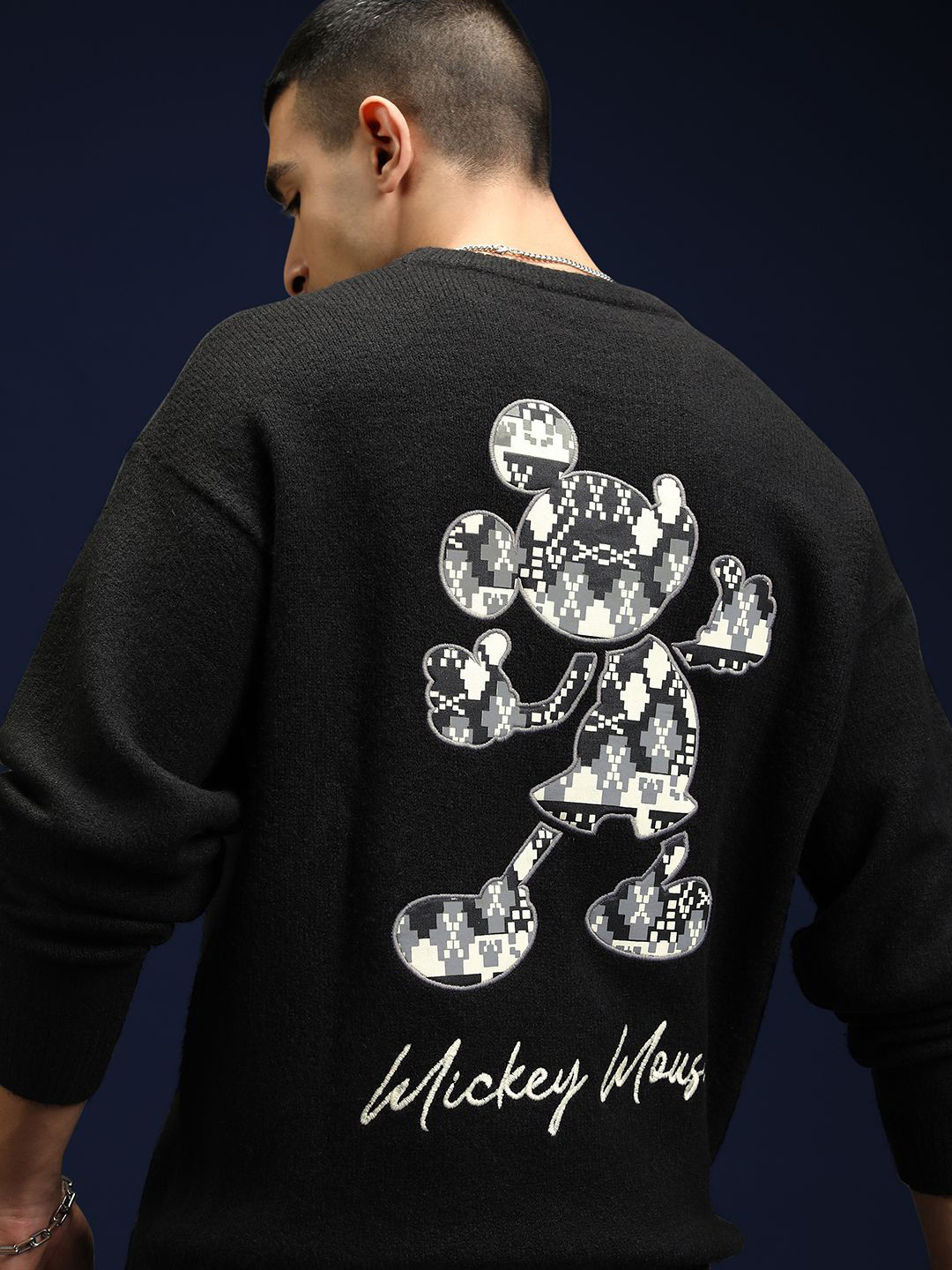 Highlander Disney Men Mickey Mouse Jet Black Round Neck Self Design Sweater