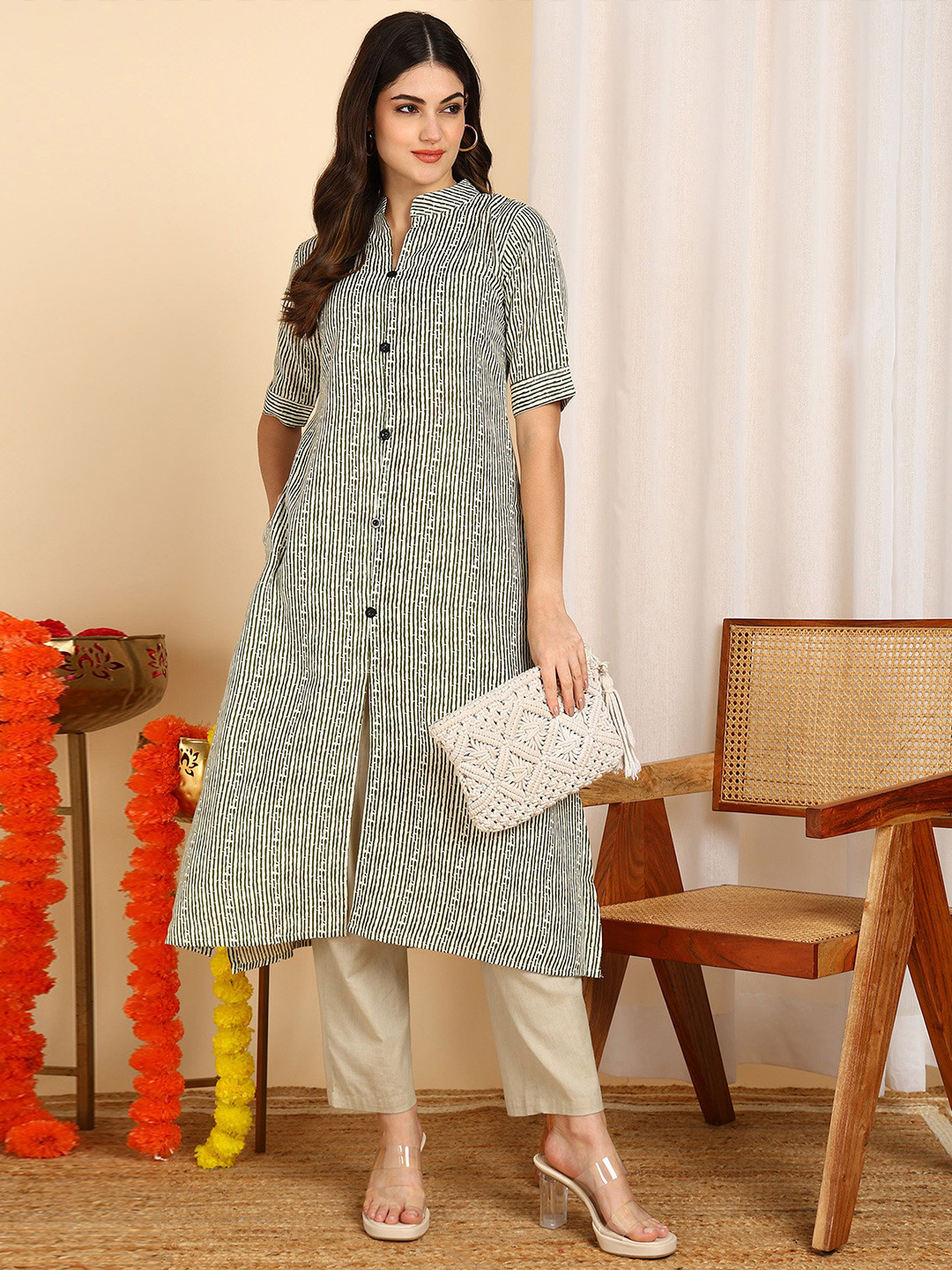 DSK STUDIO Striped Mandarin Collar Ethnic A-Line Kurta