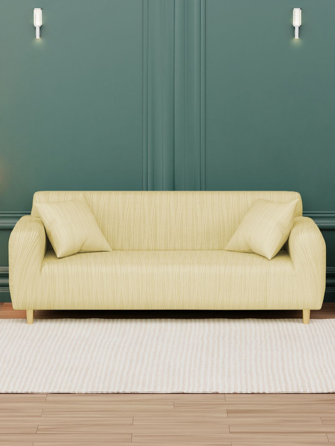 Myntra Elegant Homes Yellow Wavy Stripes 3 Seater Sofa Cover With 2 Cushion Covers
