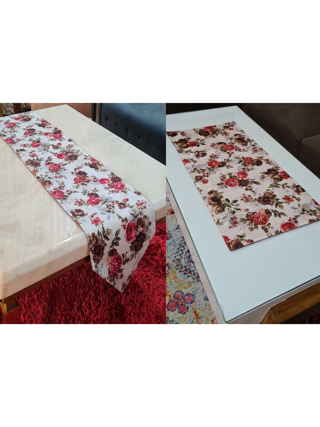 GROKI Maroon 2 Pcs Floral Printed Durable Table Runner