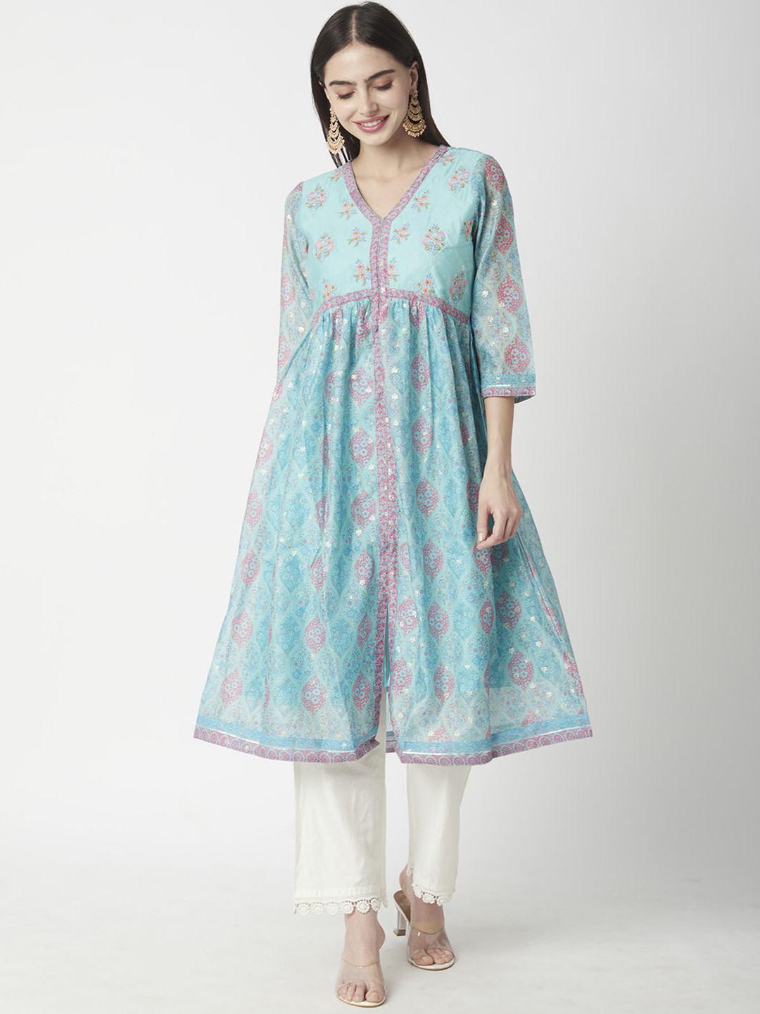 R&B Women Floral Printed Sequinned Chanderi Silk Anarkali Kurta