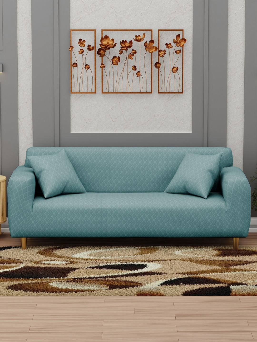 Myntra Elegant Homes Blue Checked Sofa Cover With Arms & 2 Cushion Covers