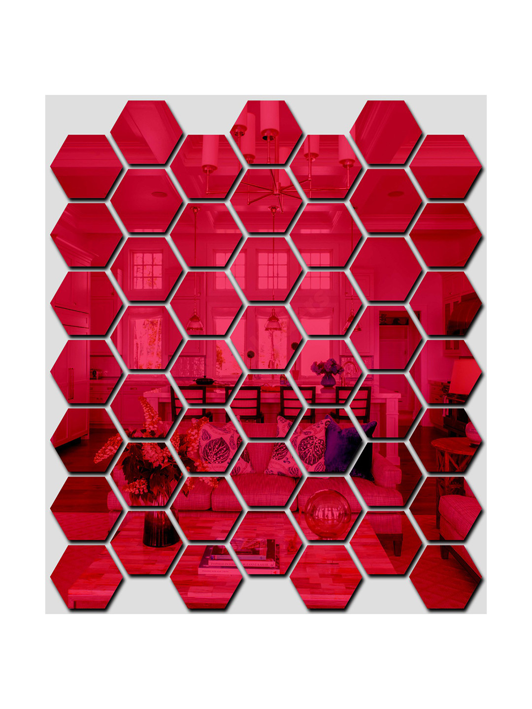 Wall1ders Red 59 Pieces Hexagon 3D Mirror Wall Stickers