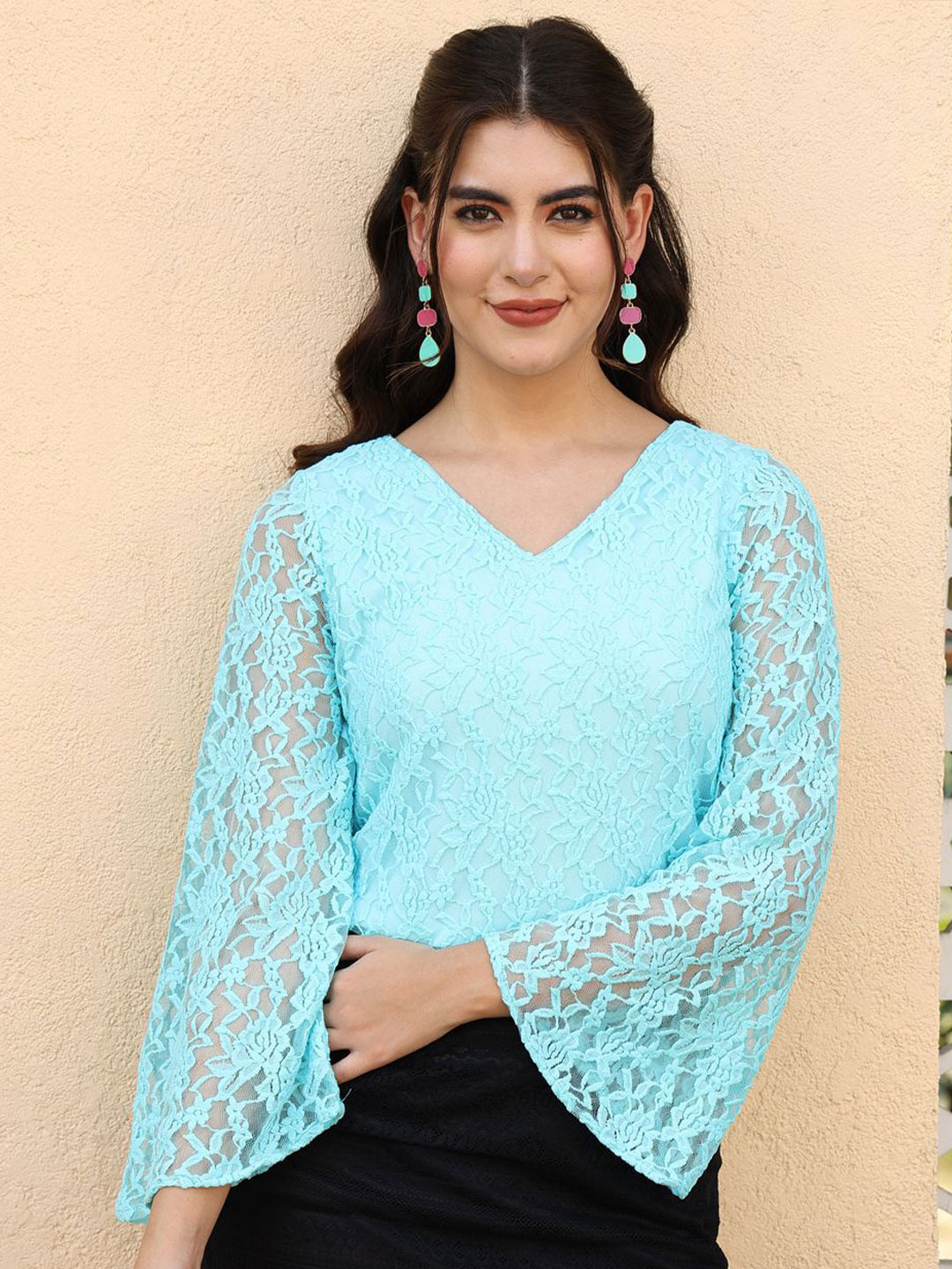AKIMIA Floral Flared Sleeve Lace Blouson Top