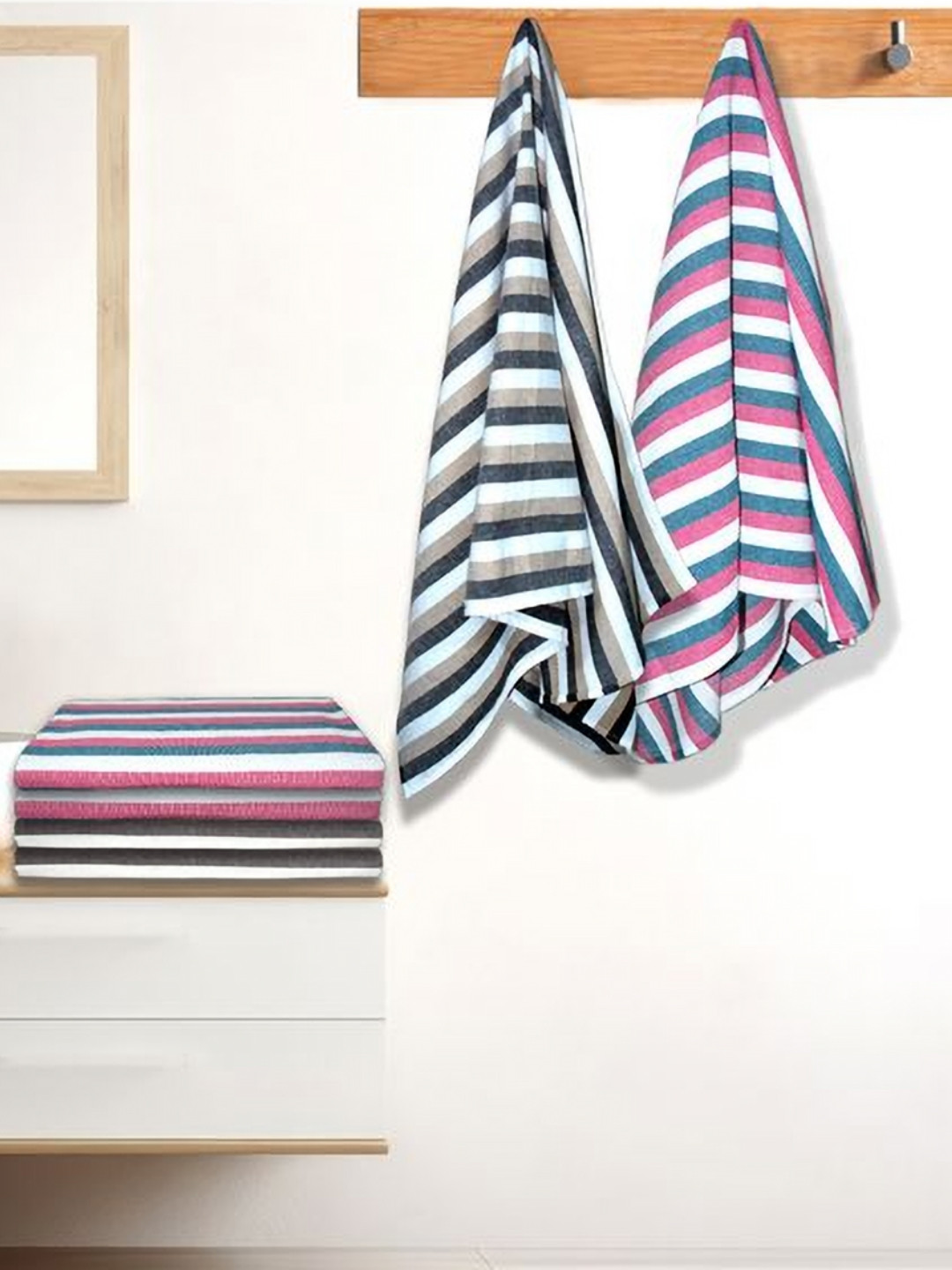 Athom Living Iris Pink & Grey 6 Pieces Striped Printed Cotton 210 GSM Bath Towels