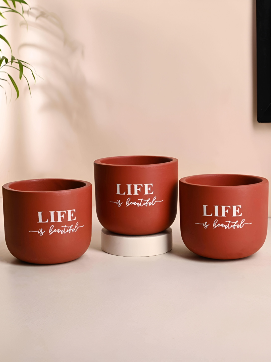 Floweraura Brown & White 3 Pieces Printed Teracotta Planters