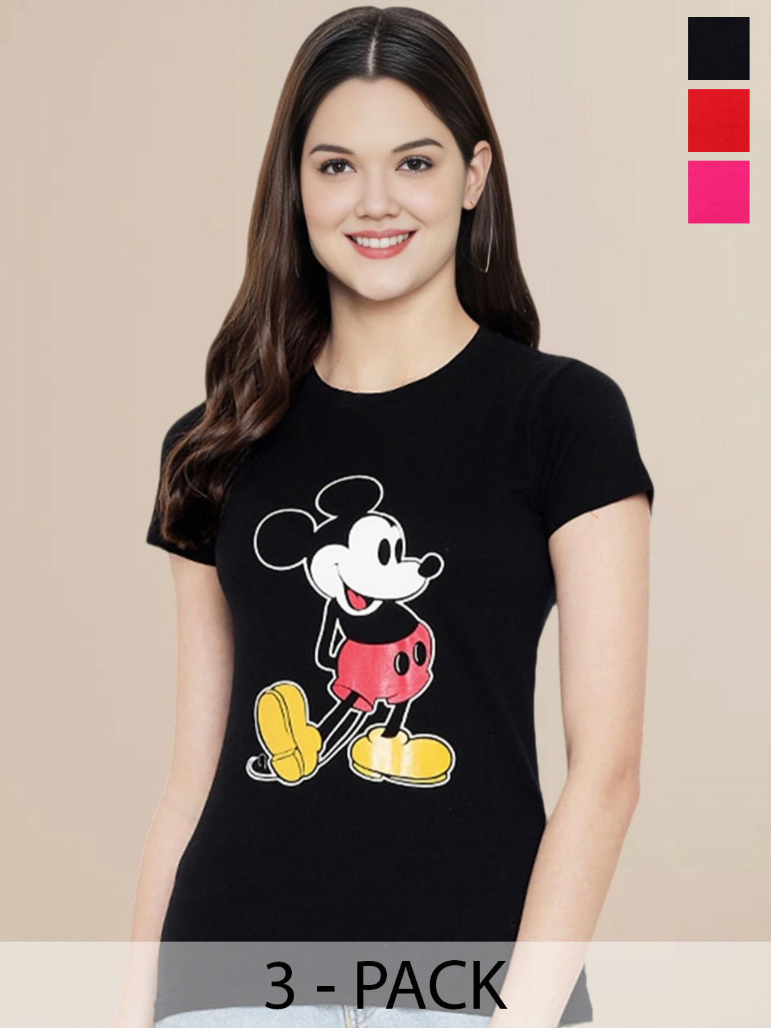 Metronaut Women Pack Of 3 Typography Printed Round Neck Cotton Mickey Mouse T-shirts